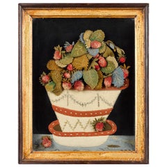 Antique Textile Feltwork Picture of a Strawberry Plant in Pot, Possibly American