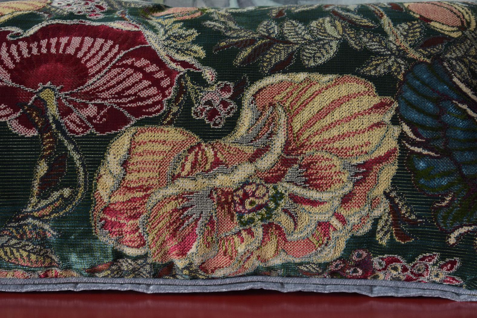 Antique Floral Fabric and Blue Velvet Throw Pillow with Feather Insert In Good Condition In Los Angeles, CA