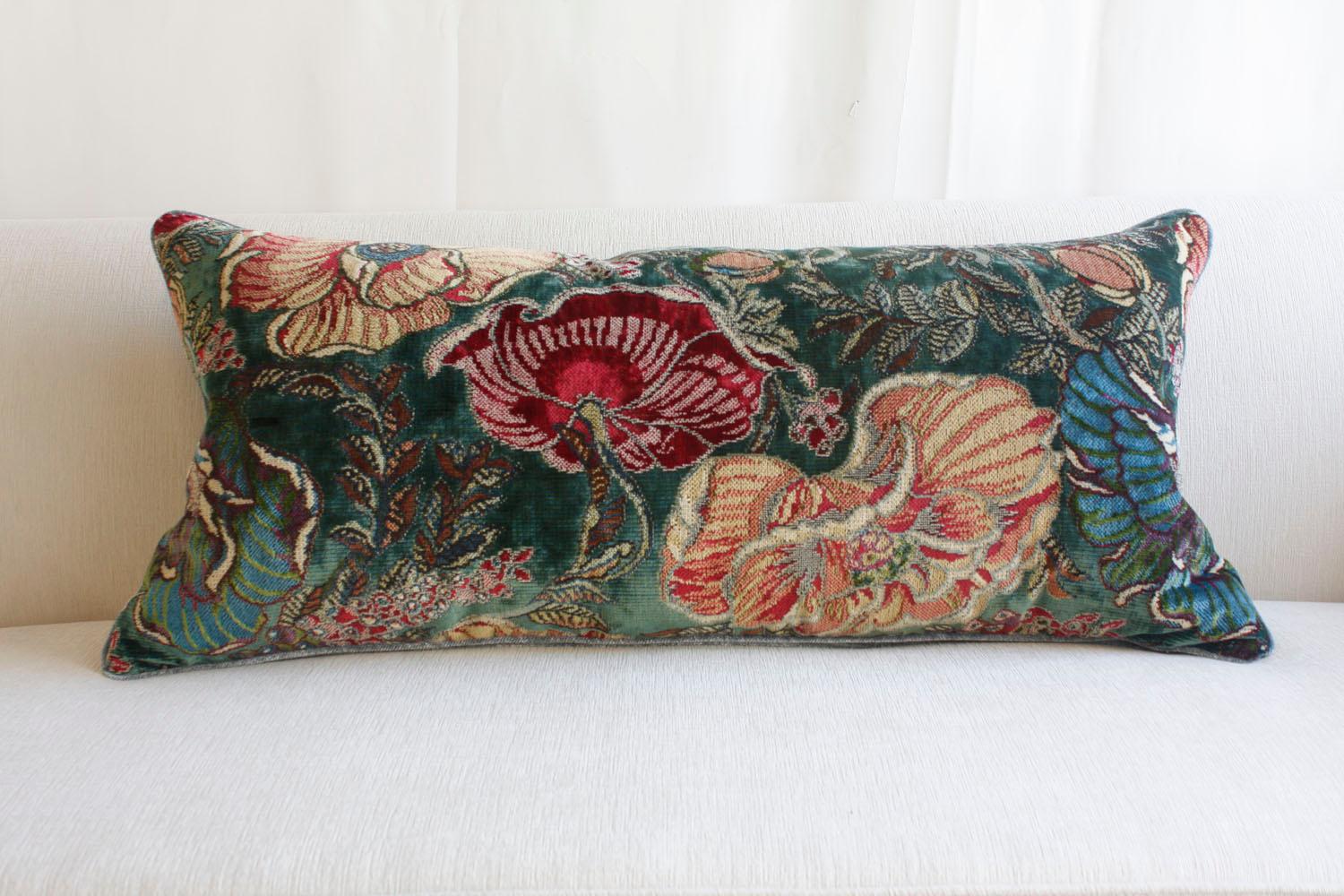 Antique Floral Fabric and Blue Velvet Throw Pillow with Feather Insert 1