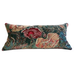 Antique Floral Fabric and Blue Velvet Throw Pillow with Feather Insert
