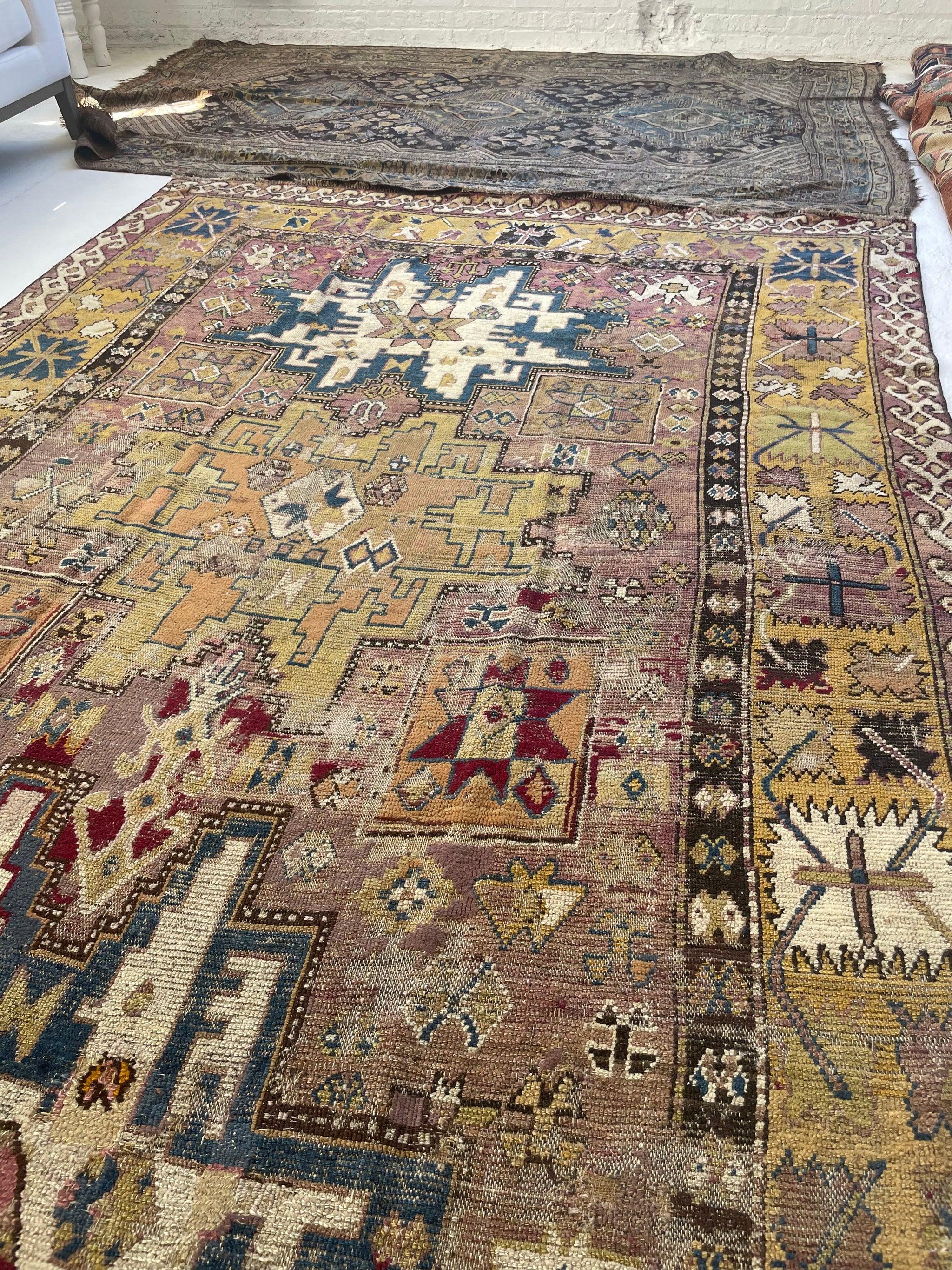 Antique Textile Rug with Lavender, Sunflower Yellows, & Blues, c. 1900 For Sale 5