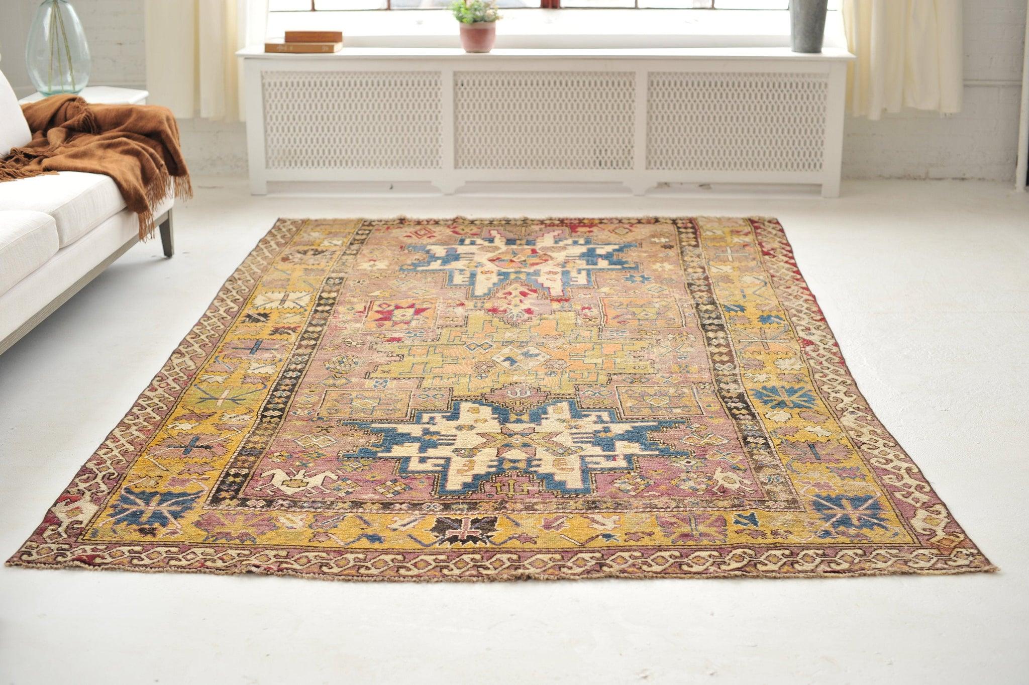 Antique Textile Rug with Lavender, Sunflower Yellows, & Blues, c. 1900 For Sale 13