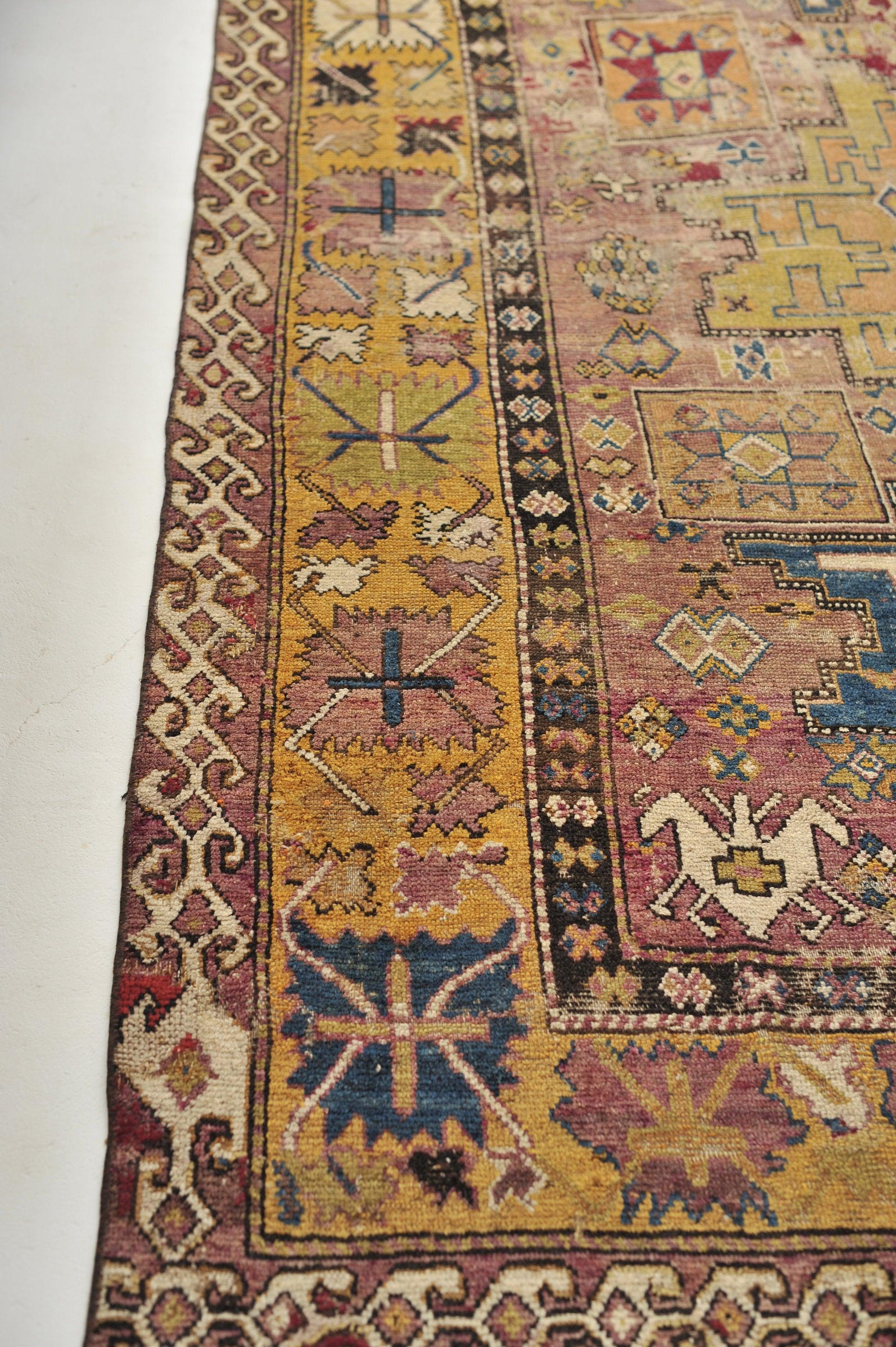 20th Century Antique Textile Rug with Lavender, Sunflower Yellows, & Blues, c. 1900 For Sale