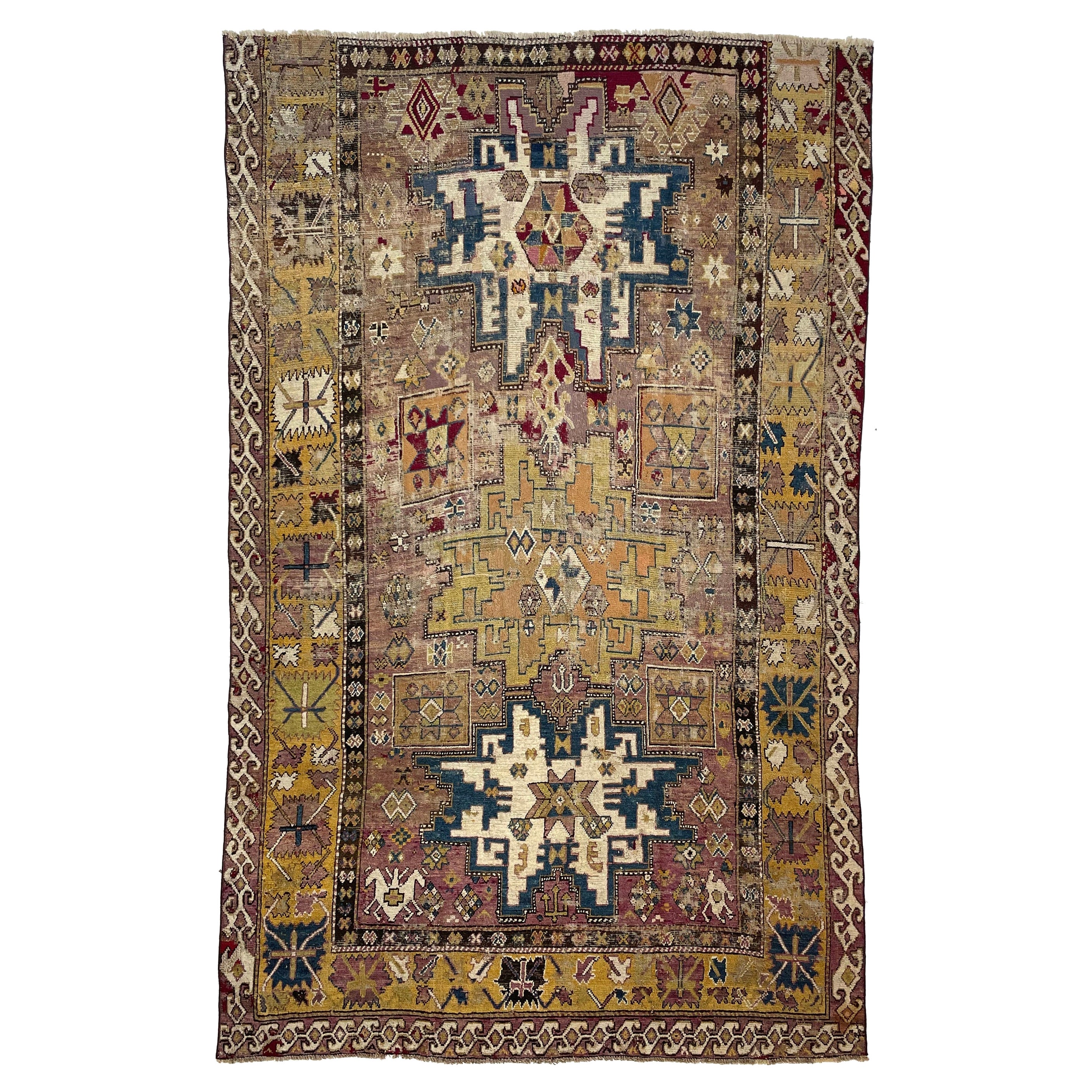 Antiker Textilteppich mit Lavendel, Sonnenblumengelb und Blau, um 1900 im Angebot