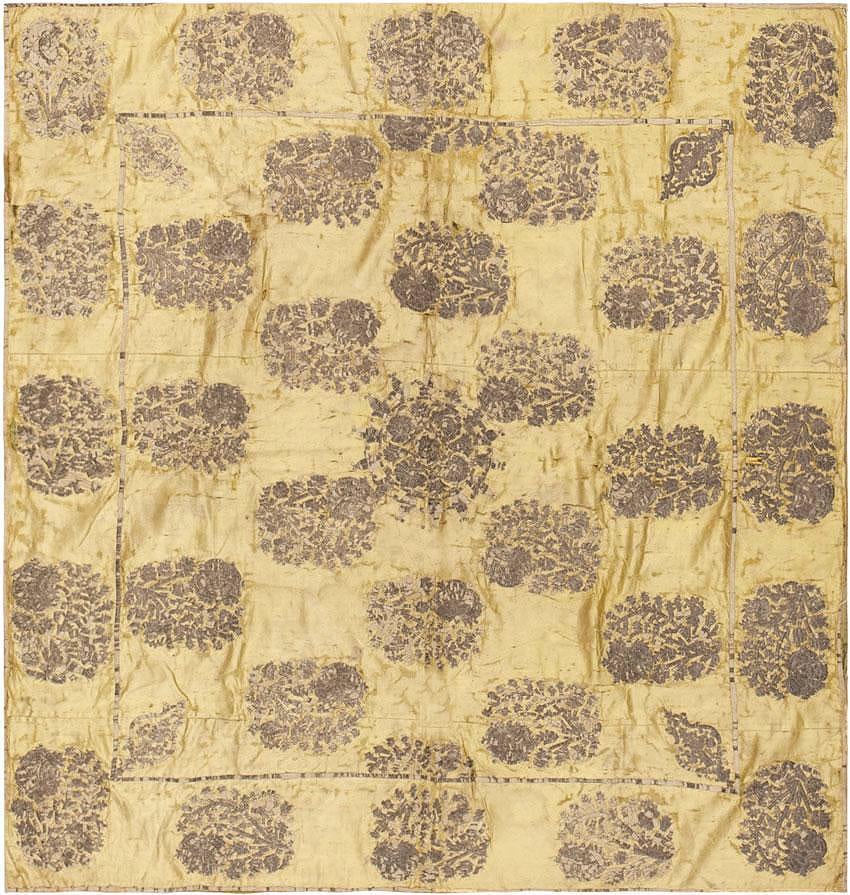 Kirman Antico ricamo tessile persiano in seta e filettatura metallica 4' x 4'3