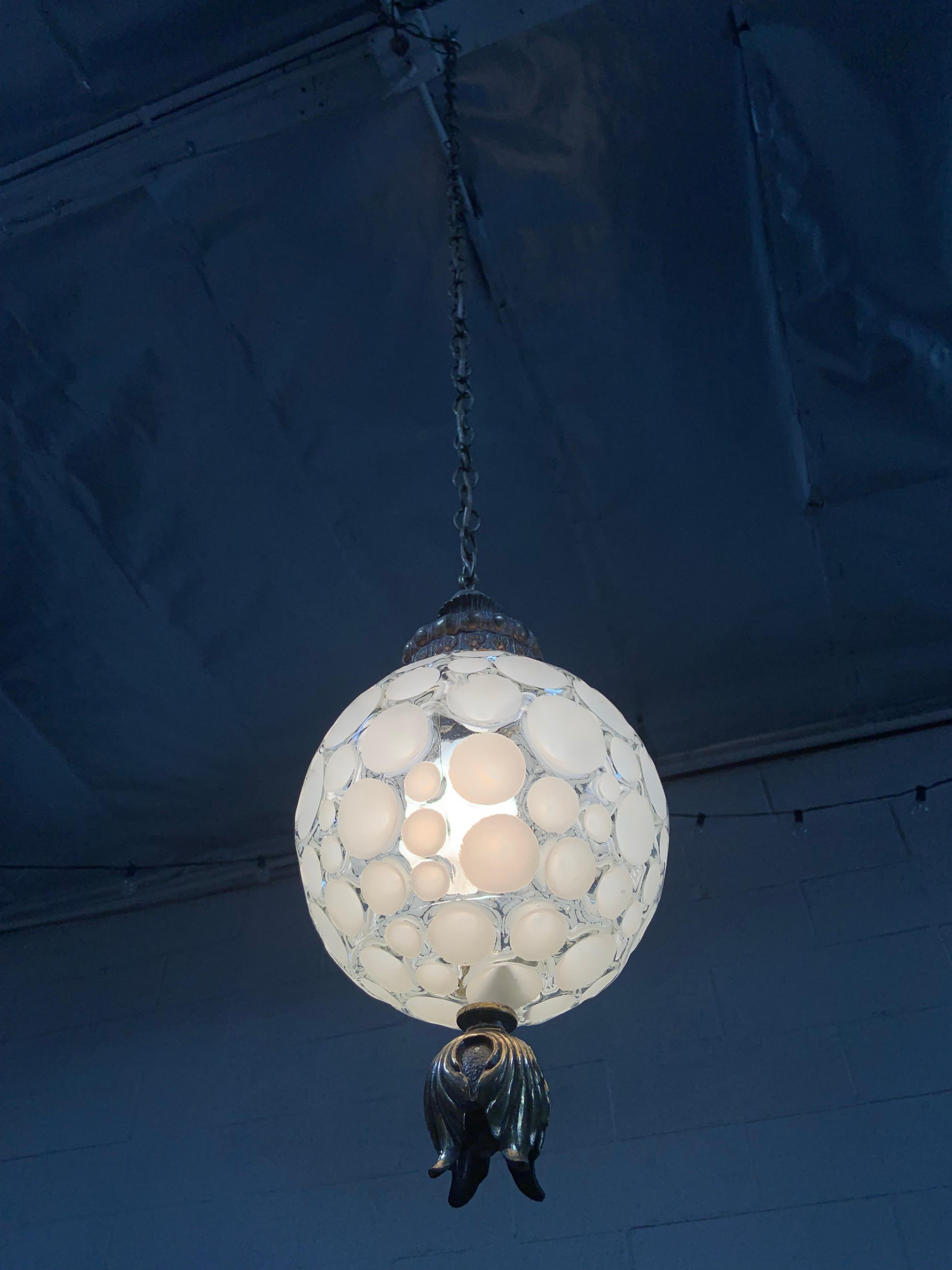 French Antique Textured Glass Globe Pendant with Original Brass Fixture