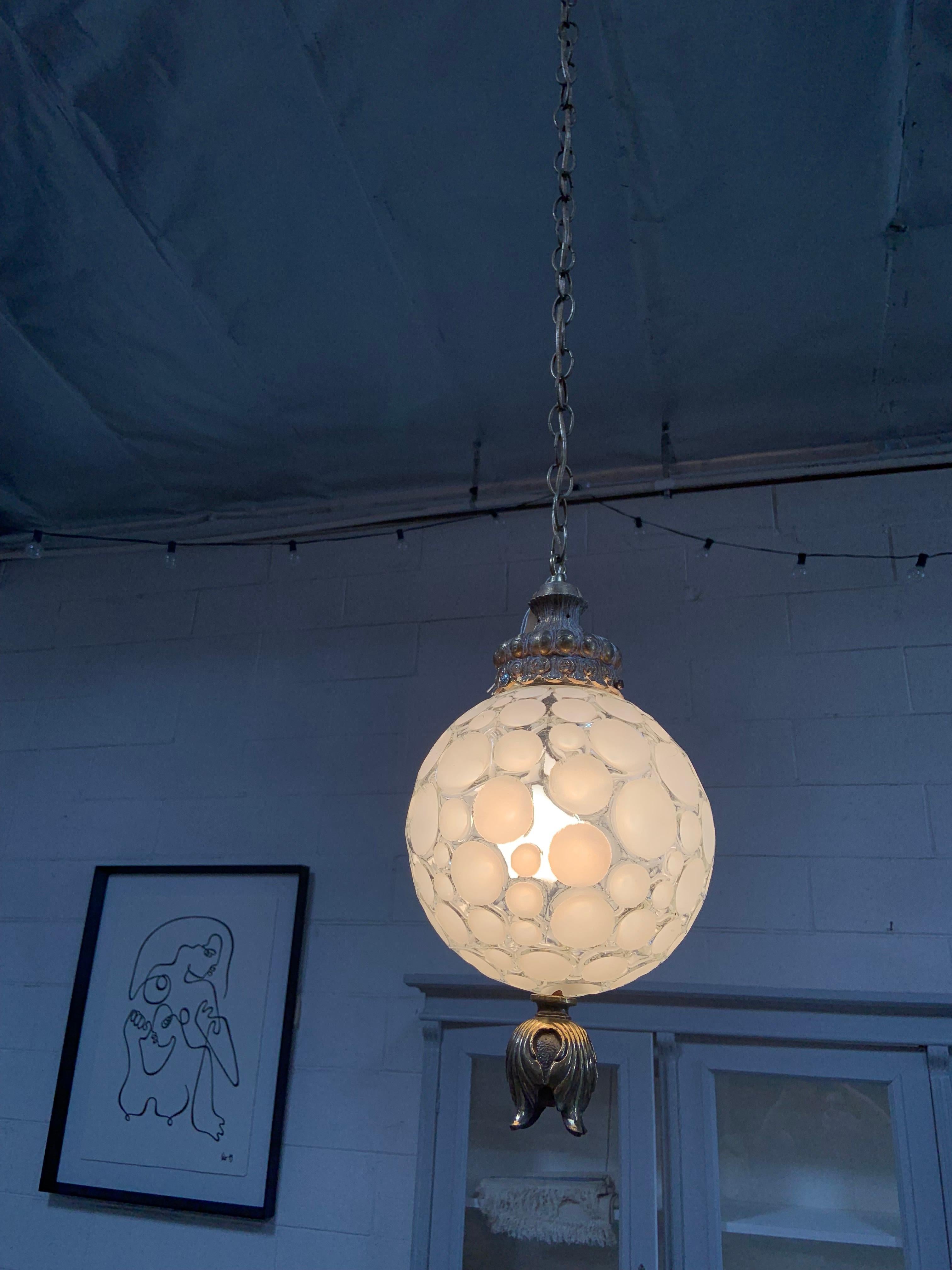 Bronzed Antique Textured Glass Globe Pendant with Original Brass Fixture