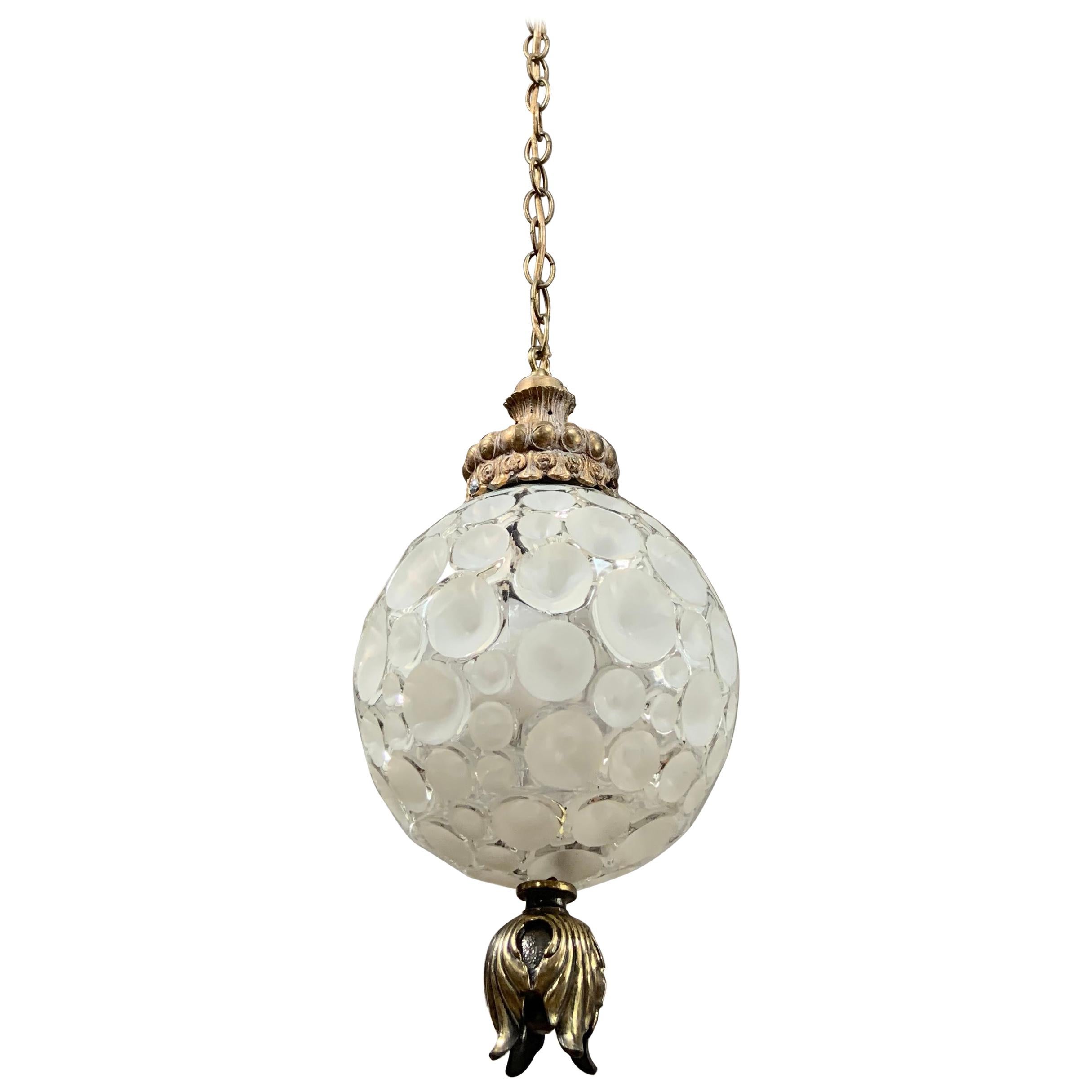 Antique Textured Glass Globe Pendant with Original Brass Fixture