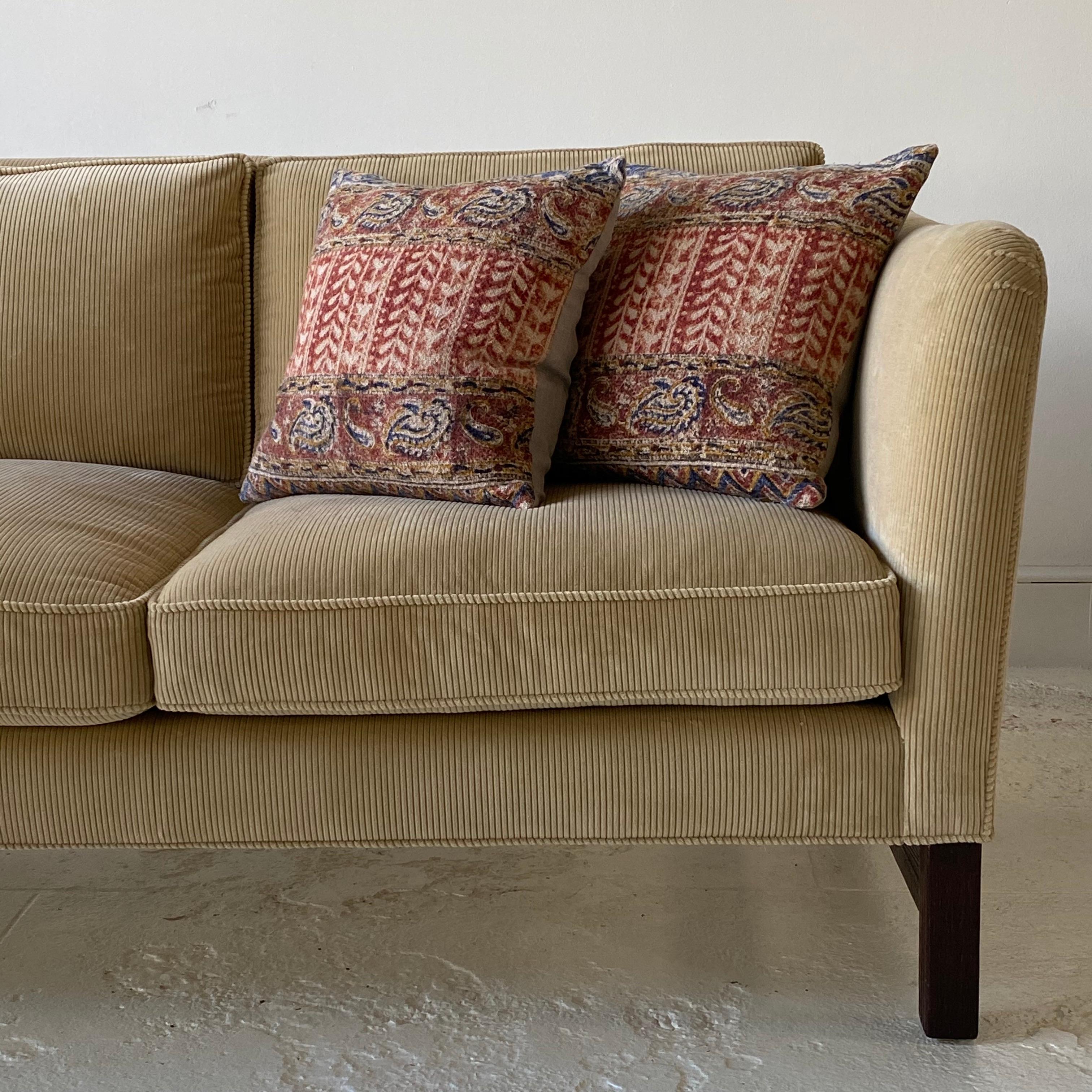 Antique textured natural, red, and blue block print paisley pillow, feather and down insert included.