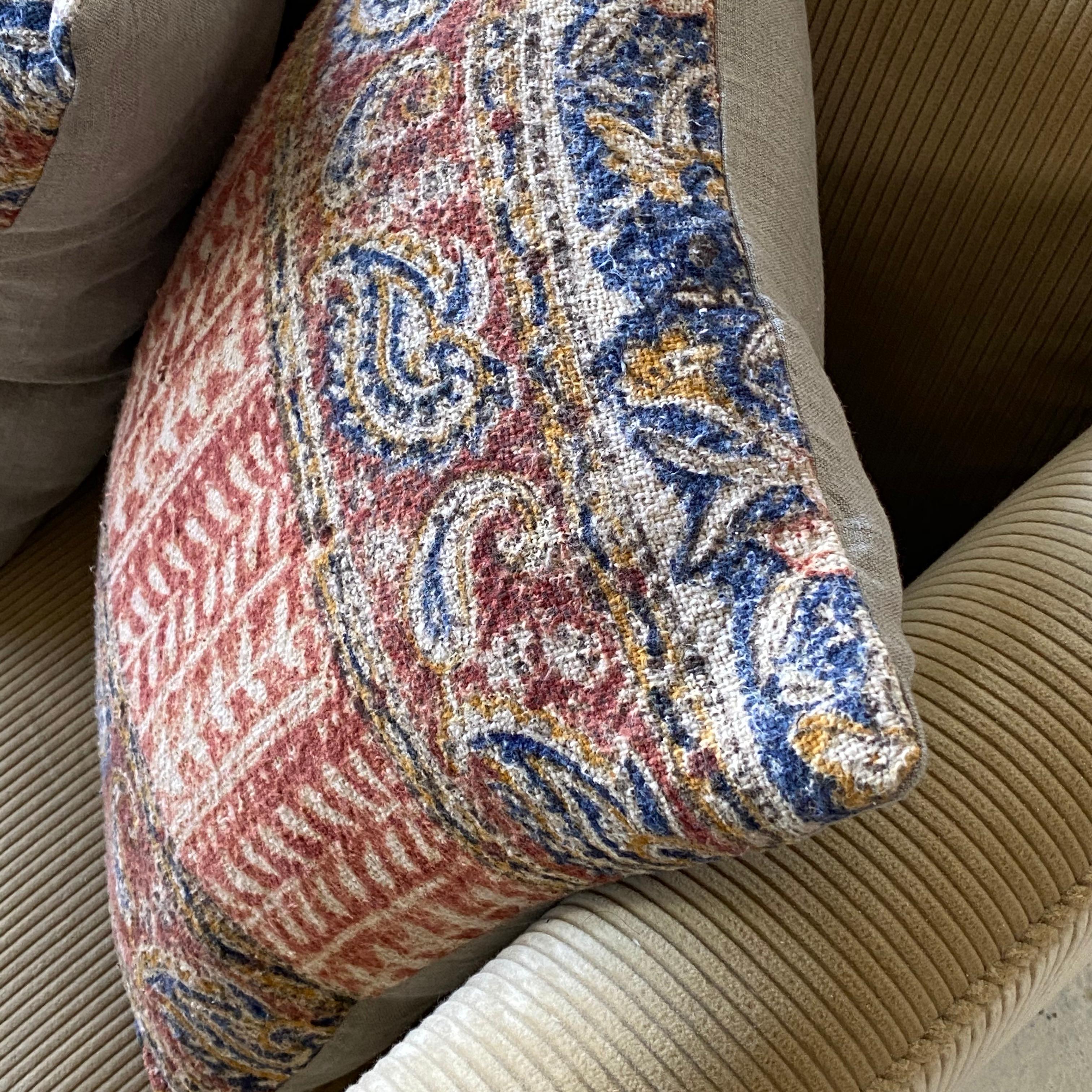 Contemporary Antique textured Natural, Red, and Blue Block Print Paisley Pillow