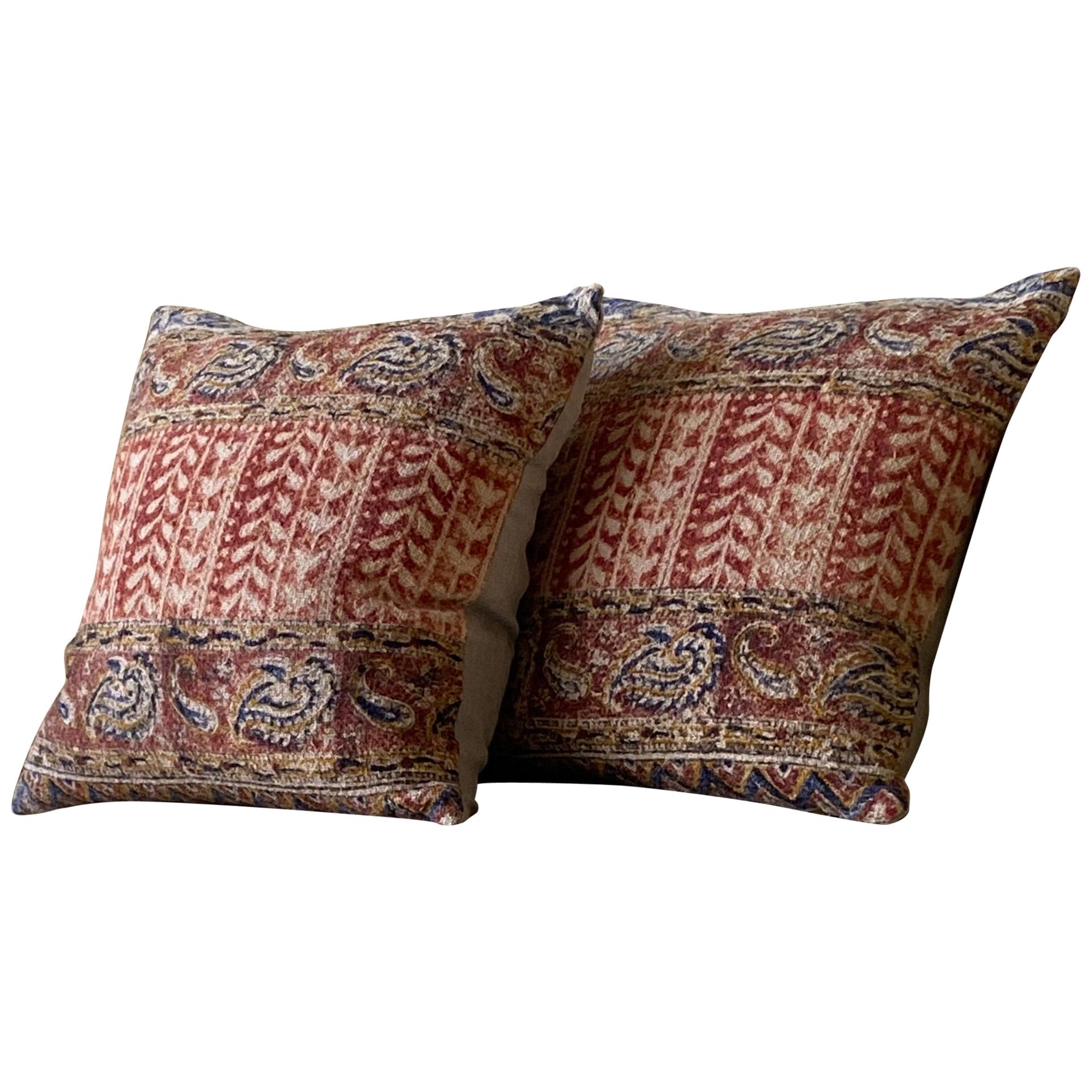 Antique textured Natural, Red, and Blue Block Print Paisley Pillow