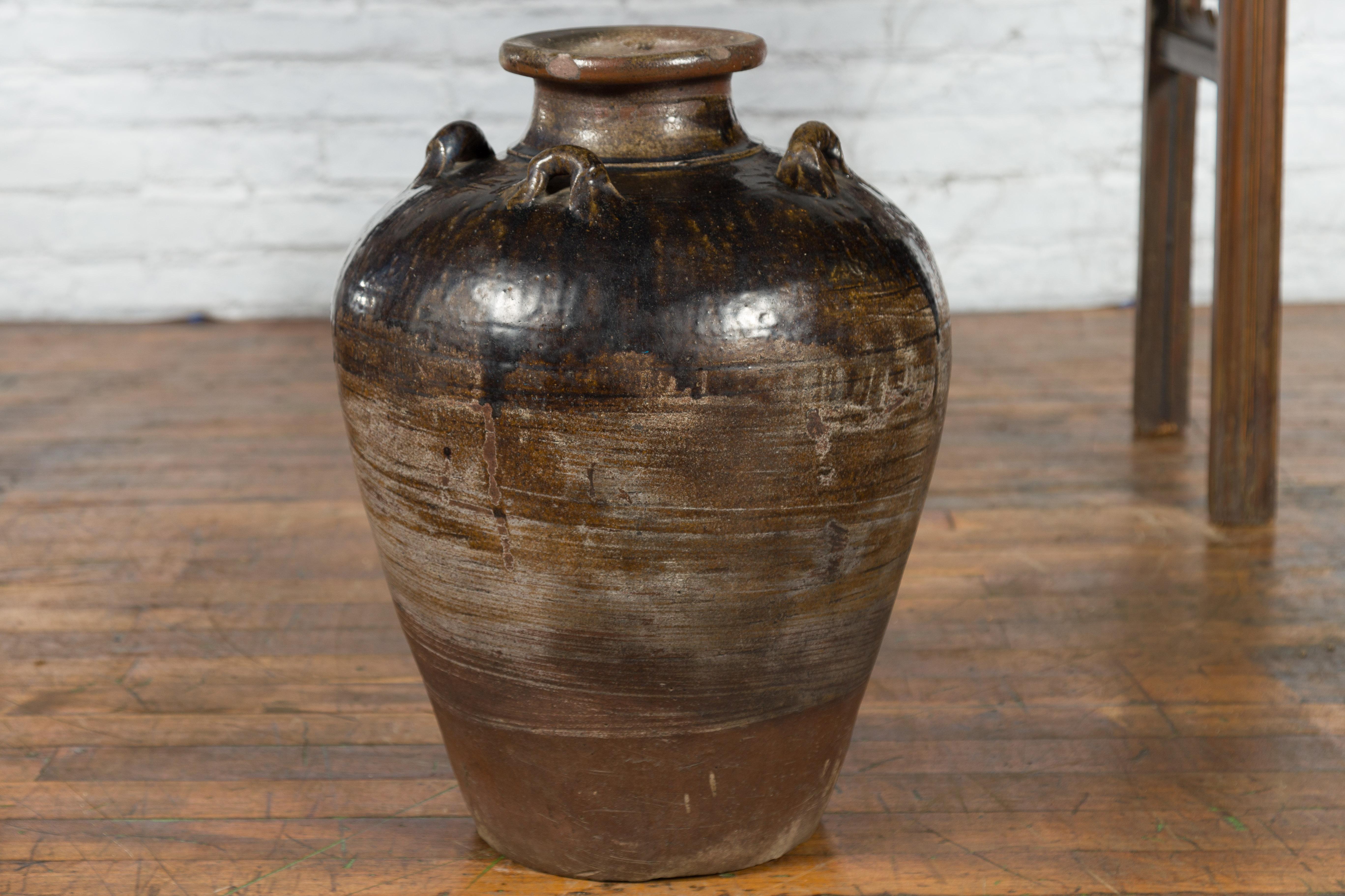 Antique Thai 19th Century Brown Glazed Water Jar with Petite Loop Handles For Sale 6