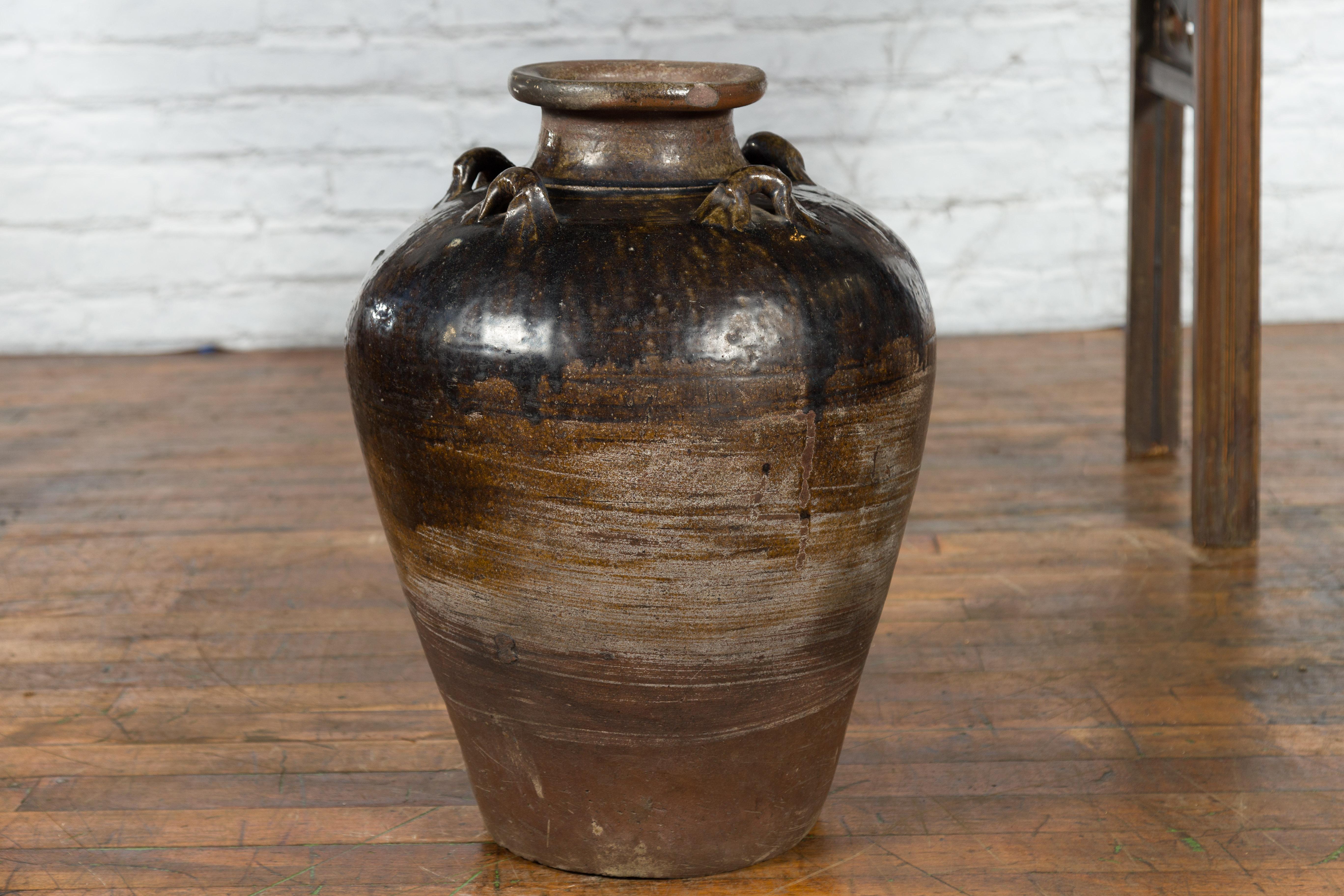 Antique Thai 19th Century Brown Glazed Water Jar with Petite Loop Handles For Sale 7