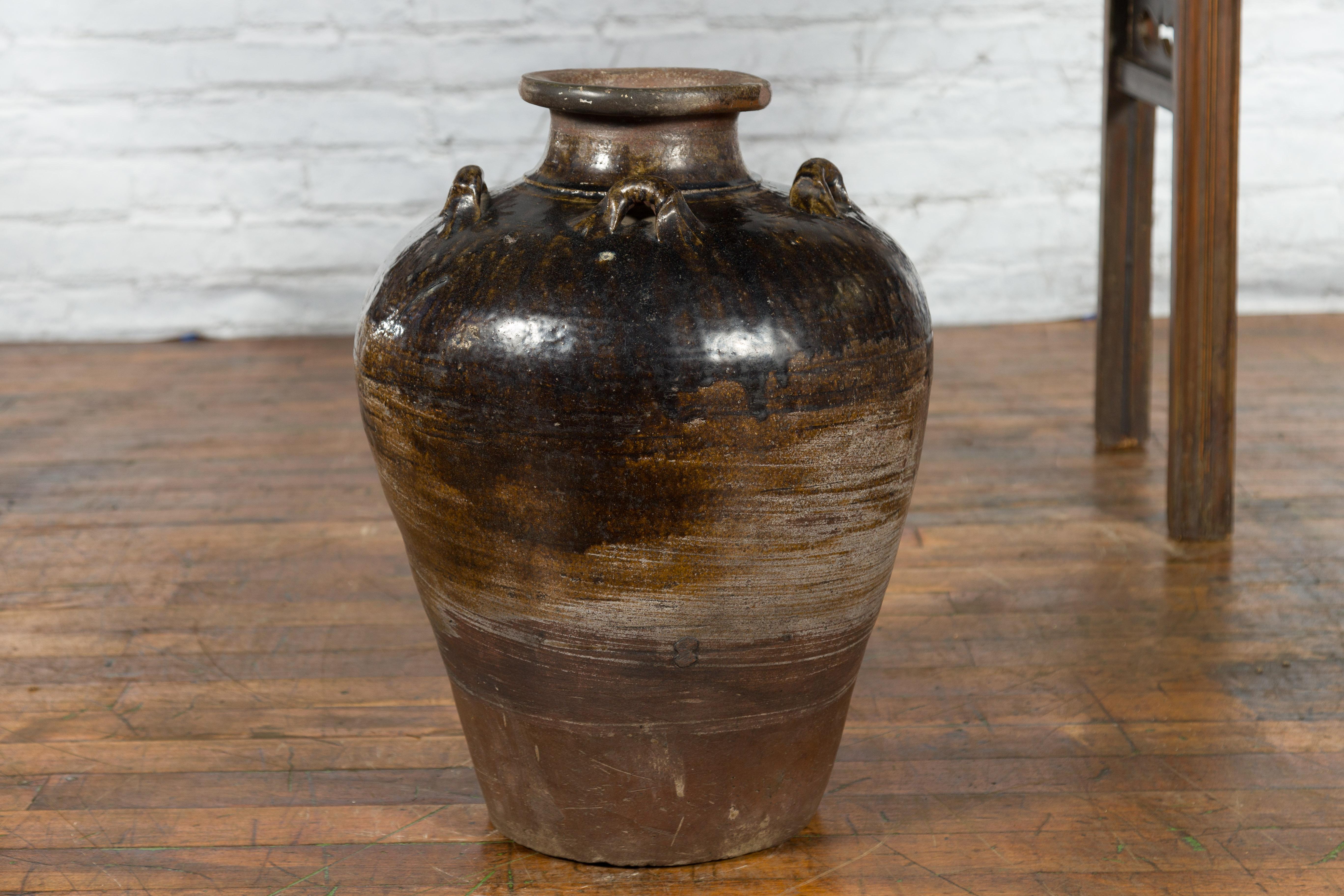 Antique Thai 19th Century Brown Glazed Water Jar with Petite Loop Handles For Sale 8