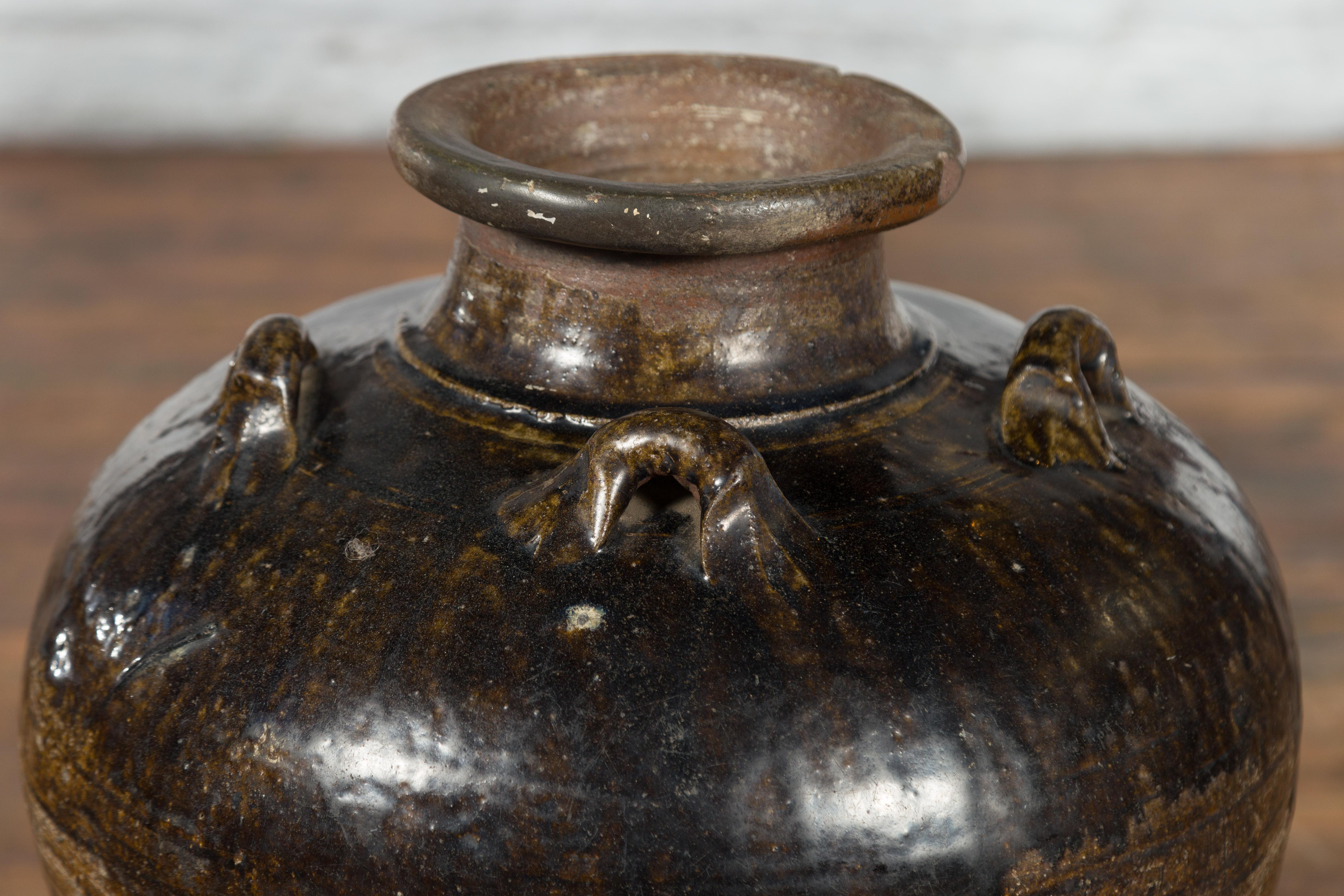 Antique Thai 19th Century Brown Glazed Water Jar with Petite Loop Handles For Sale 9