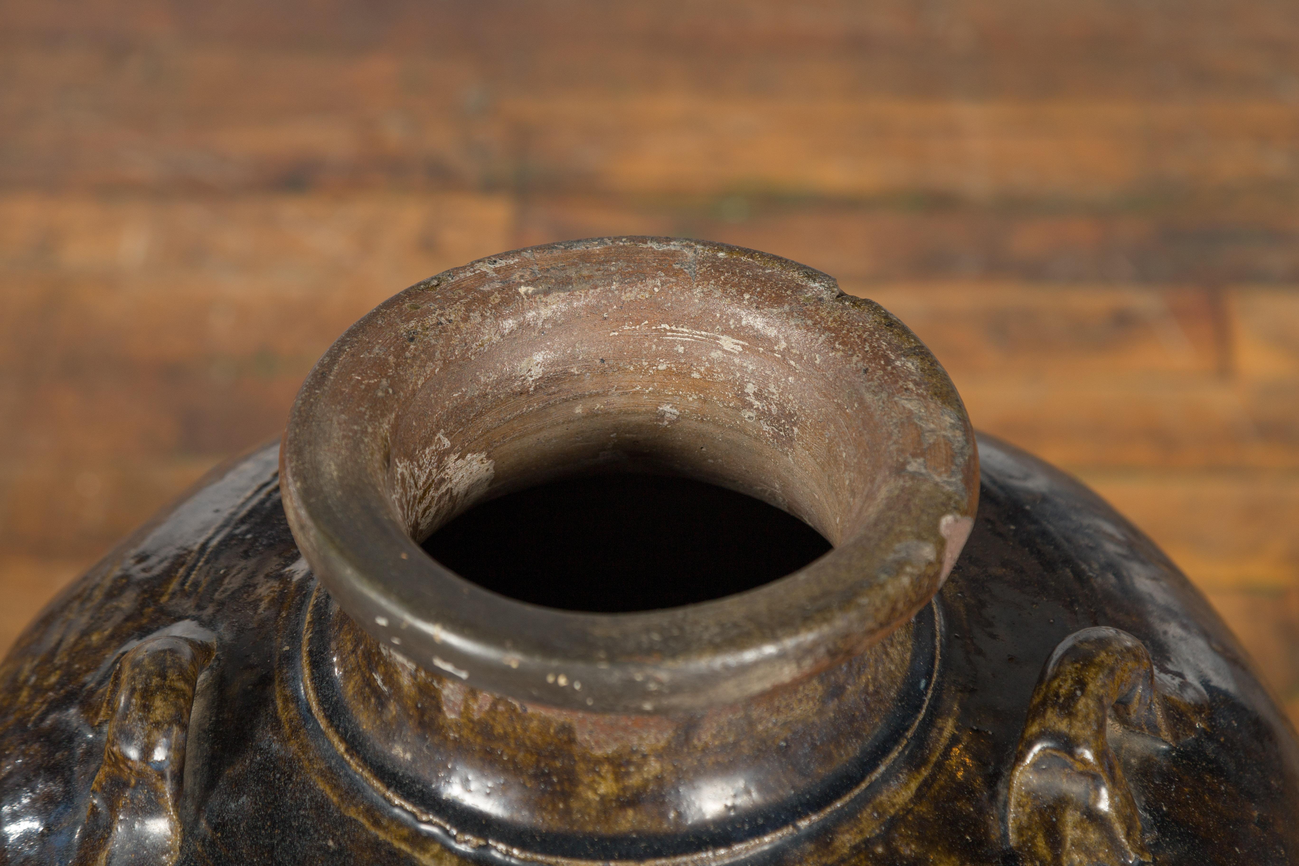 Antique Thai 19th Century Brown Glazed Water Jar with Petite Loop Handles For Sale 10