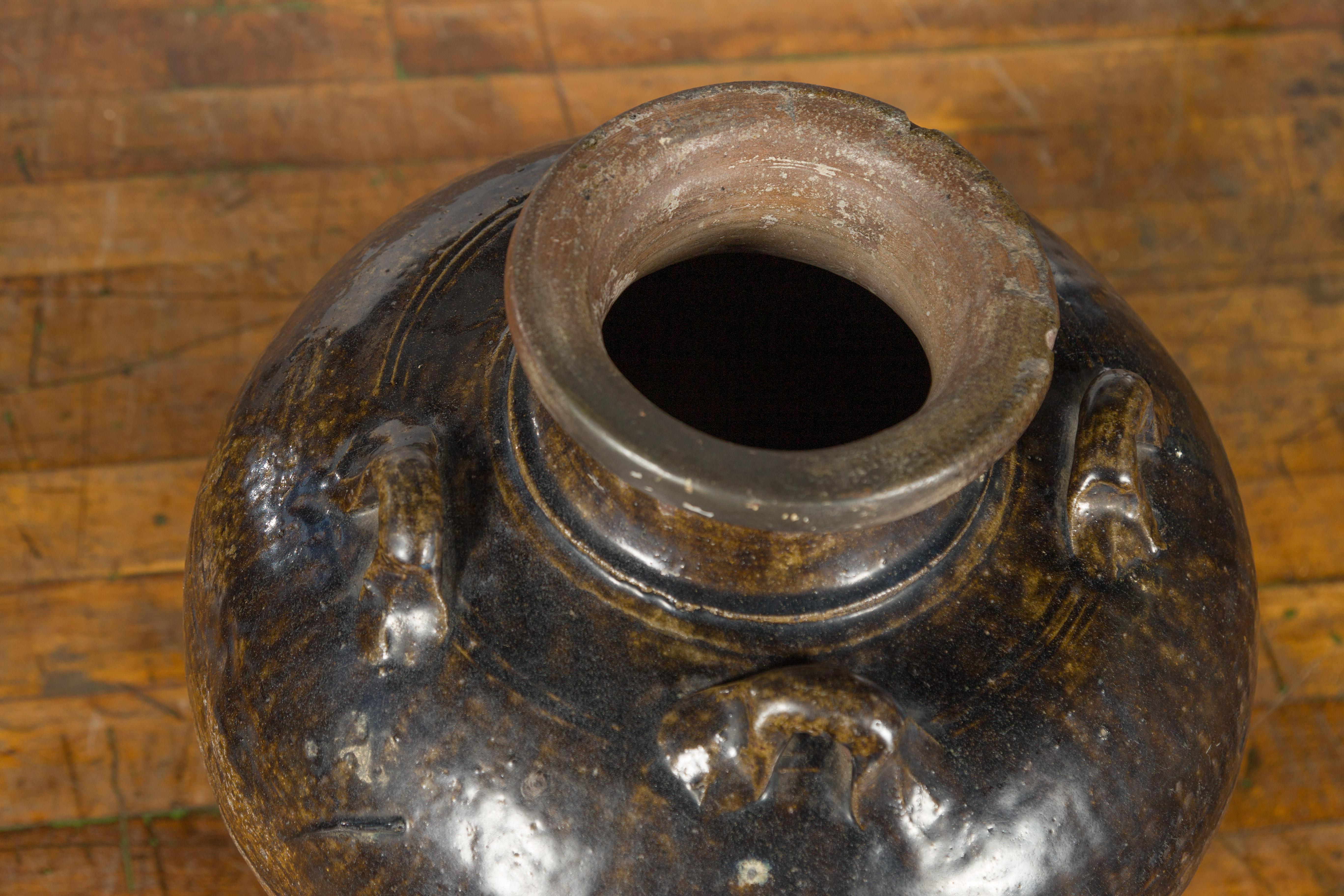 Antique Thai 19th Century Brown Glazed Water Jar with Petite Loop Handles For Sale 11