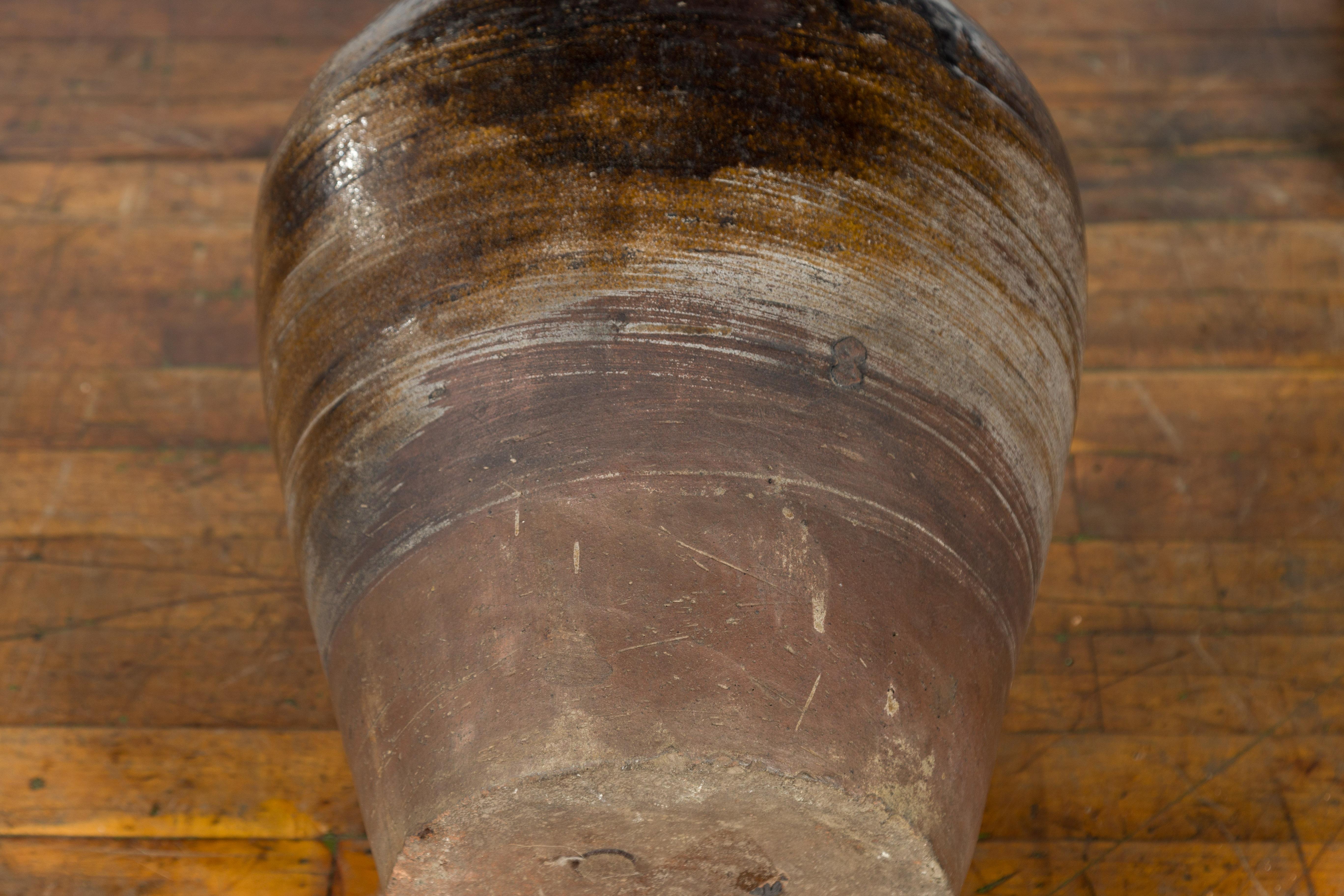 Antique Thai 19th Century Brown Glazed Water Jar with Petite Loop Handles For Sale 13