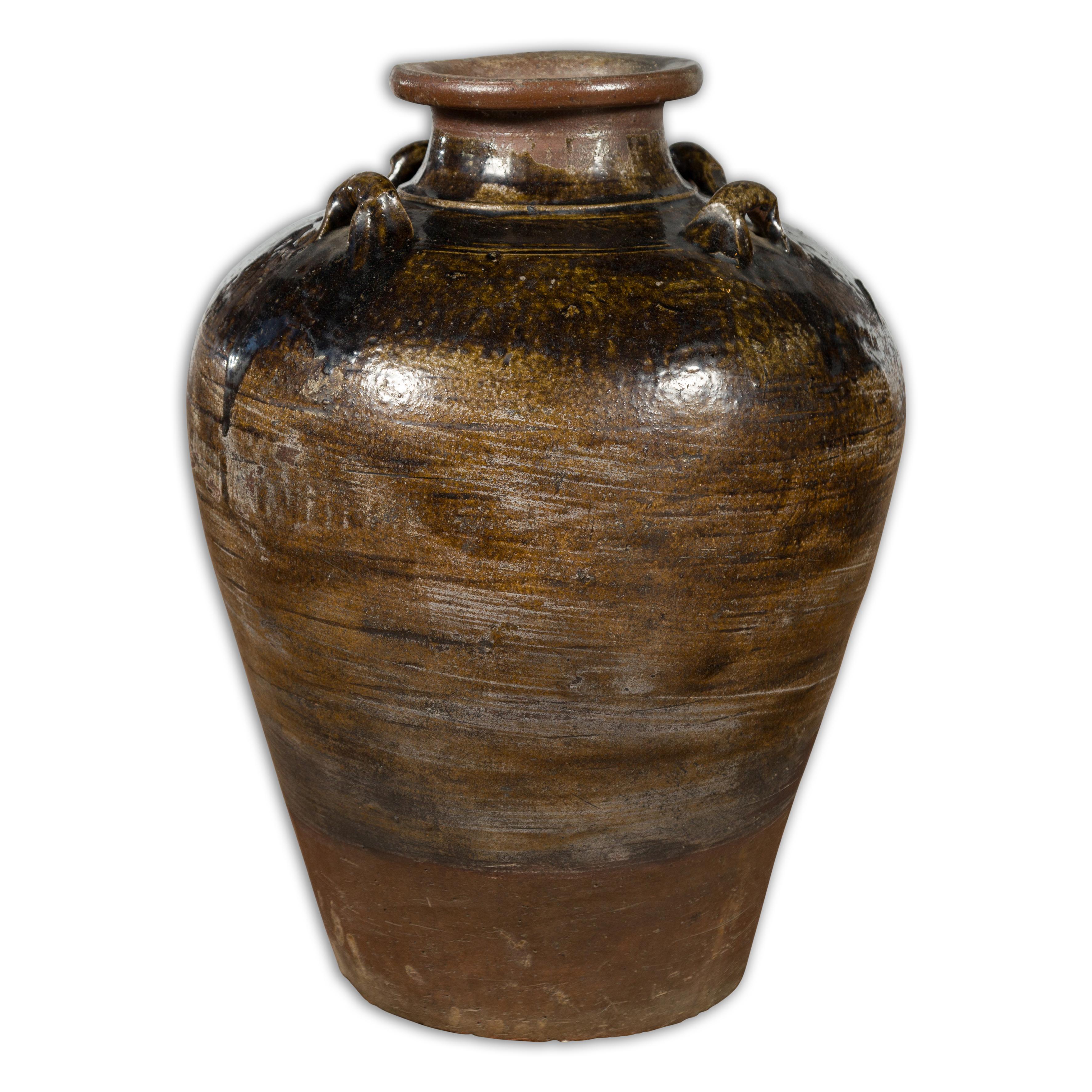 Antique Thai 19th Century Brown Glazed Water Jar with Petite Loop Handles For Sale 14