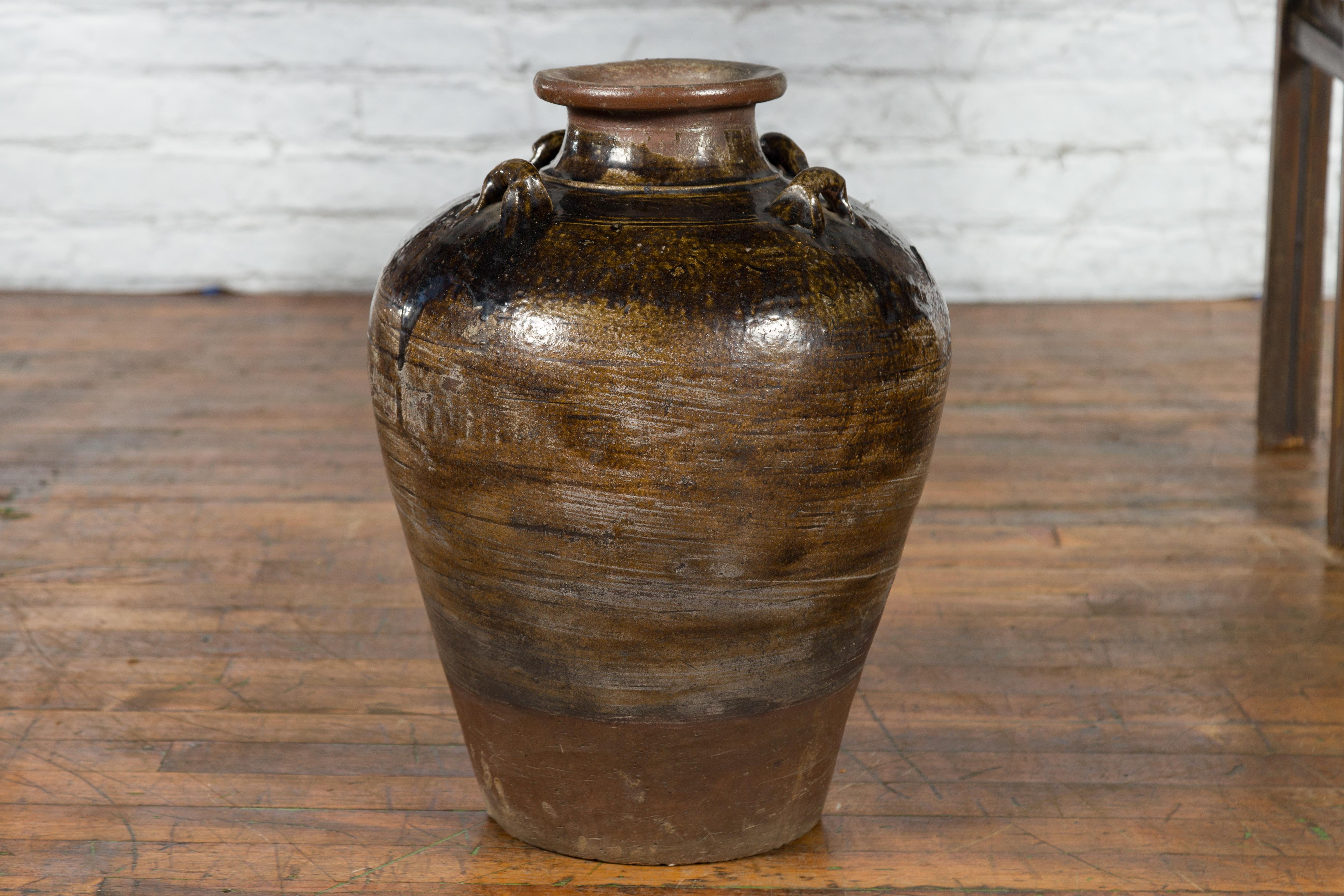 Antique Thai 19th Century Brown Glazed Water Jar with Petite Loop Handles In Good Condition For Sale In Yonkers, NY