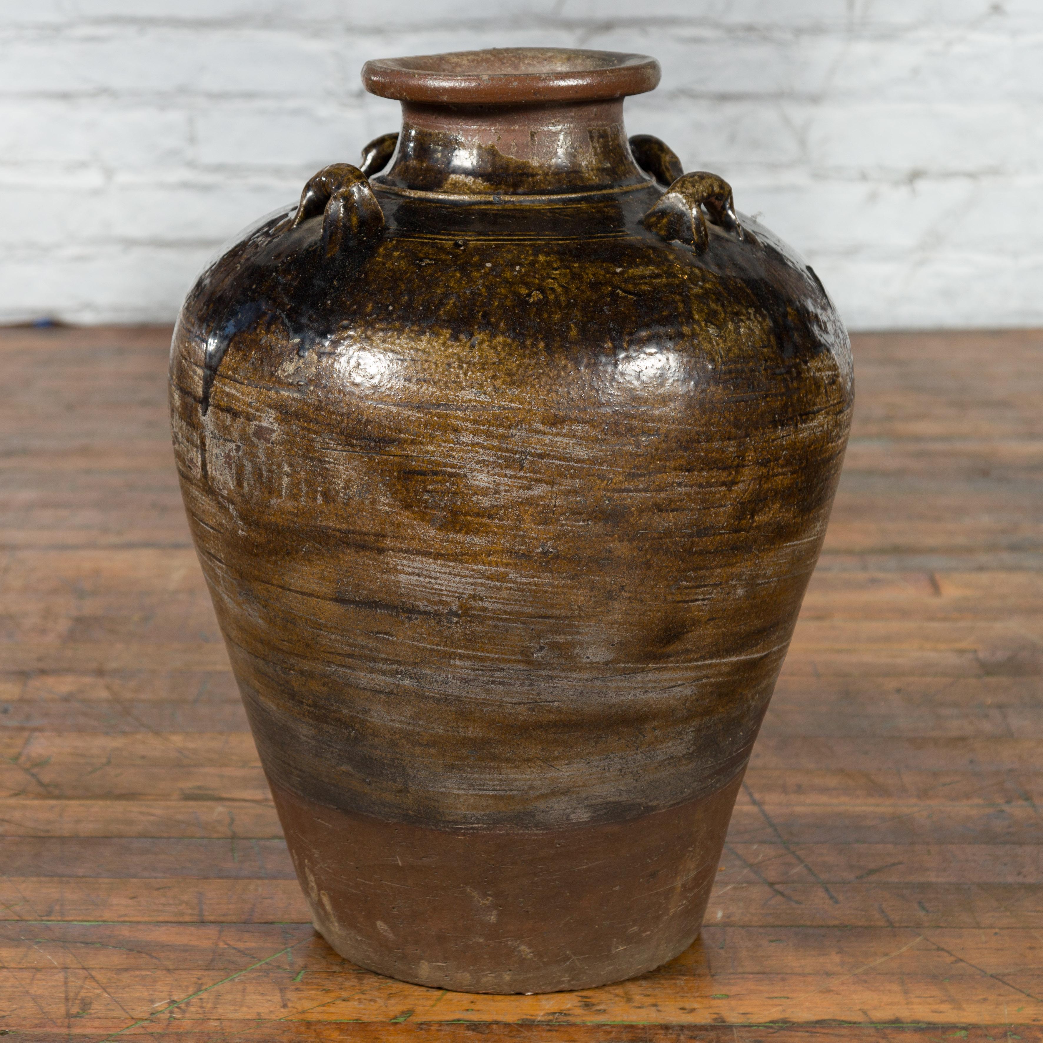 Ceramic Antique Thai 19th Century Brown Glazed Water Jar with Petite Loop Handles For Sale
