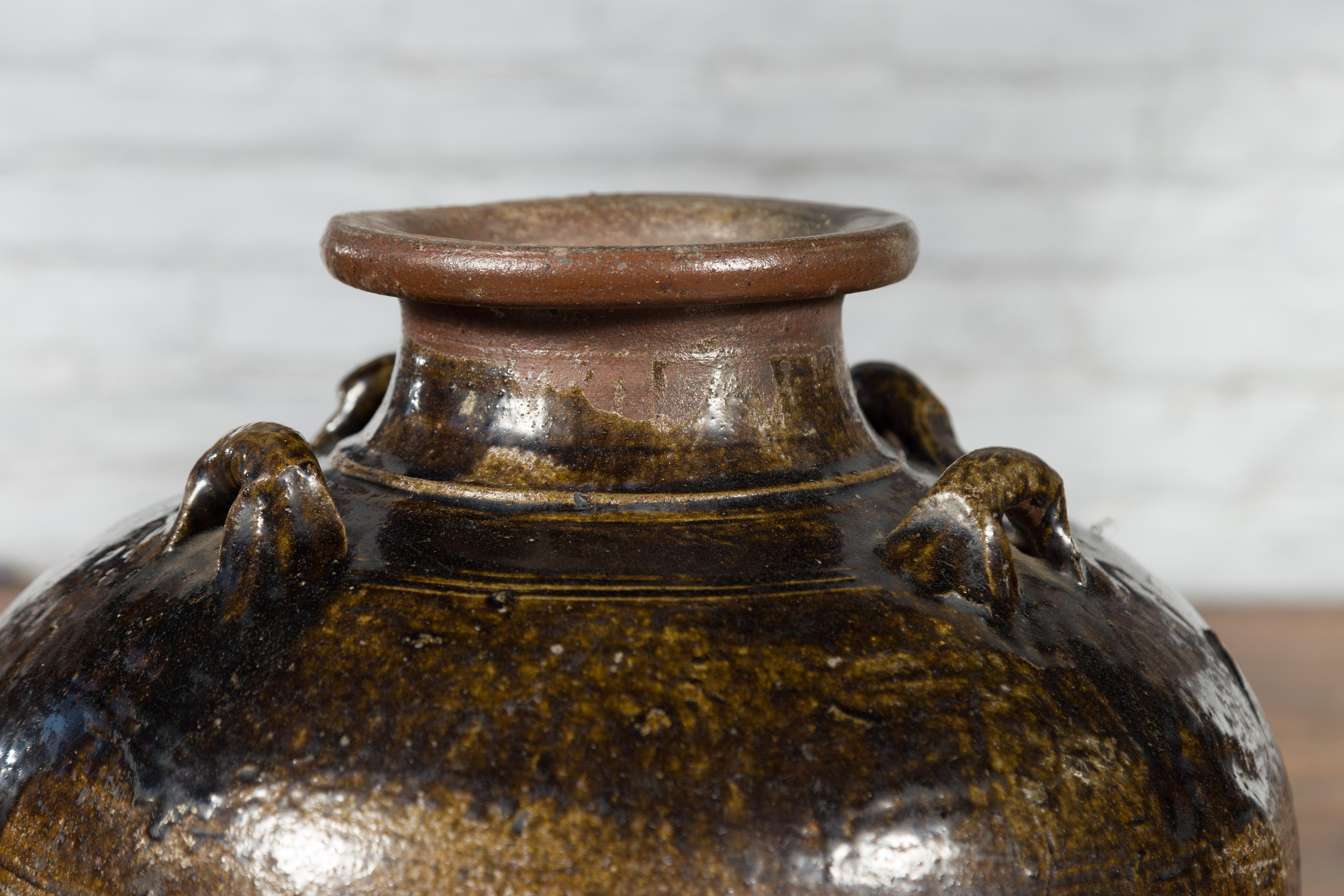 Antique Thai 19th Century Brown Glazed Water Jar with Petite Loop Handles For Sale 1