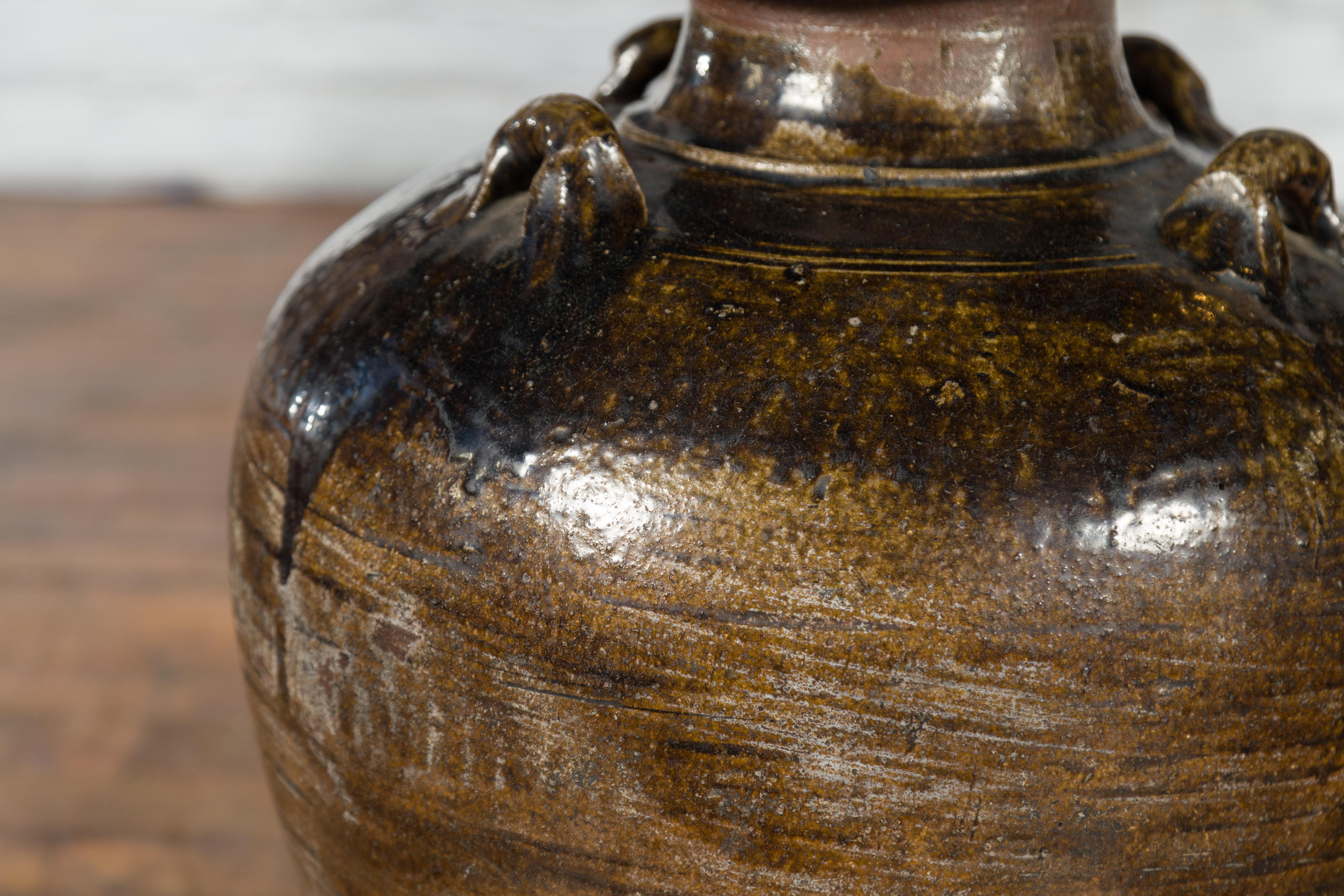 Antique Thai 19th Century Brown Glazed Water Jar with Petite Loop Handles For Sale 4