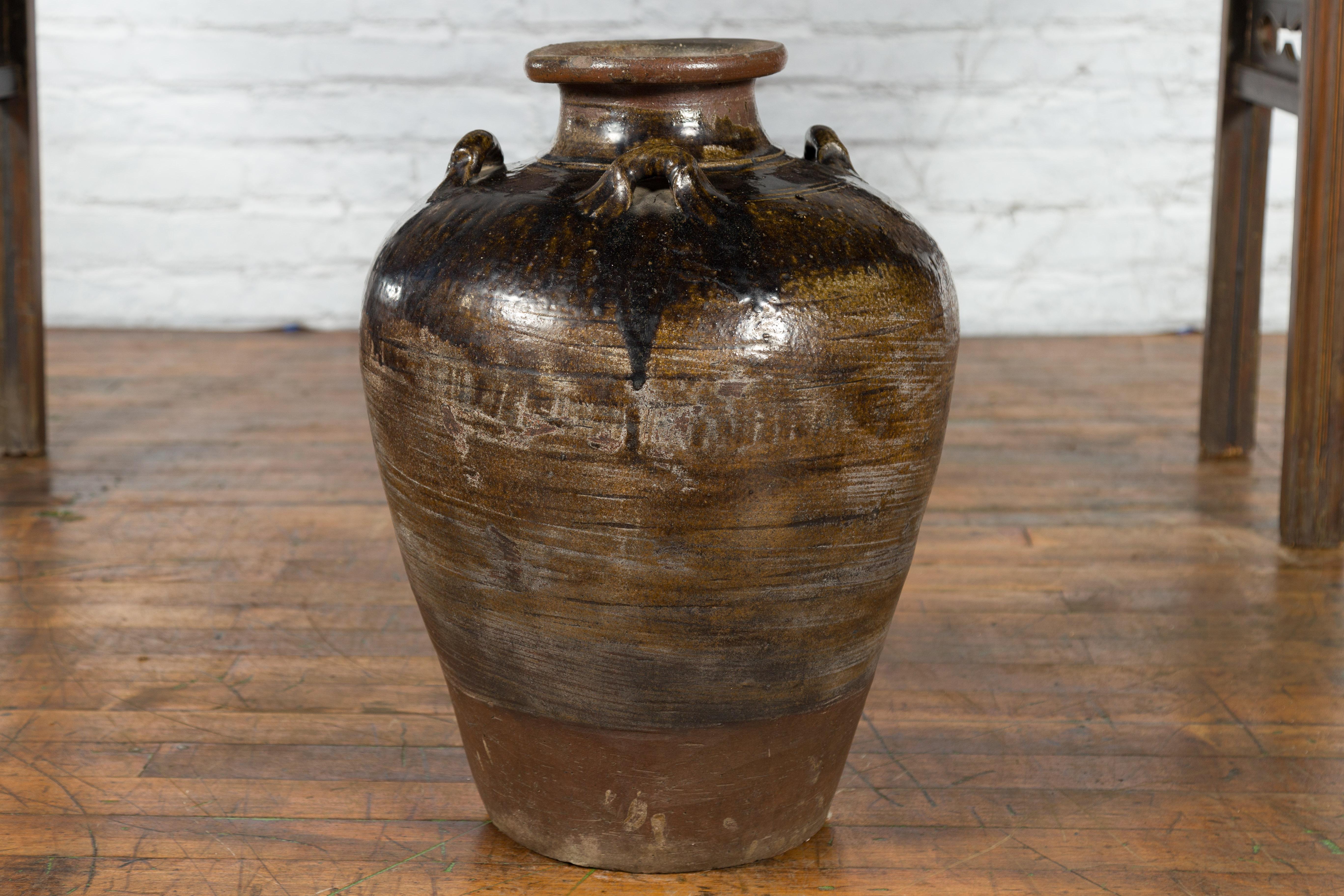 Antique Thai 19th Century Brown Glazed Water Jar with Petite Loop Handles For Sale 5