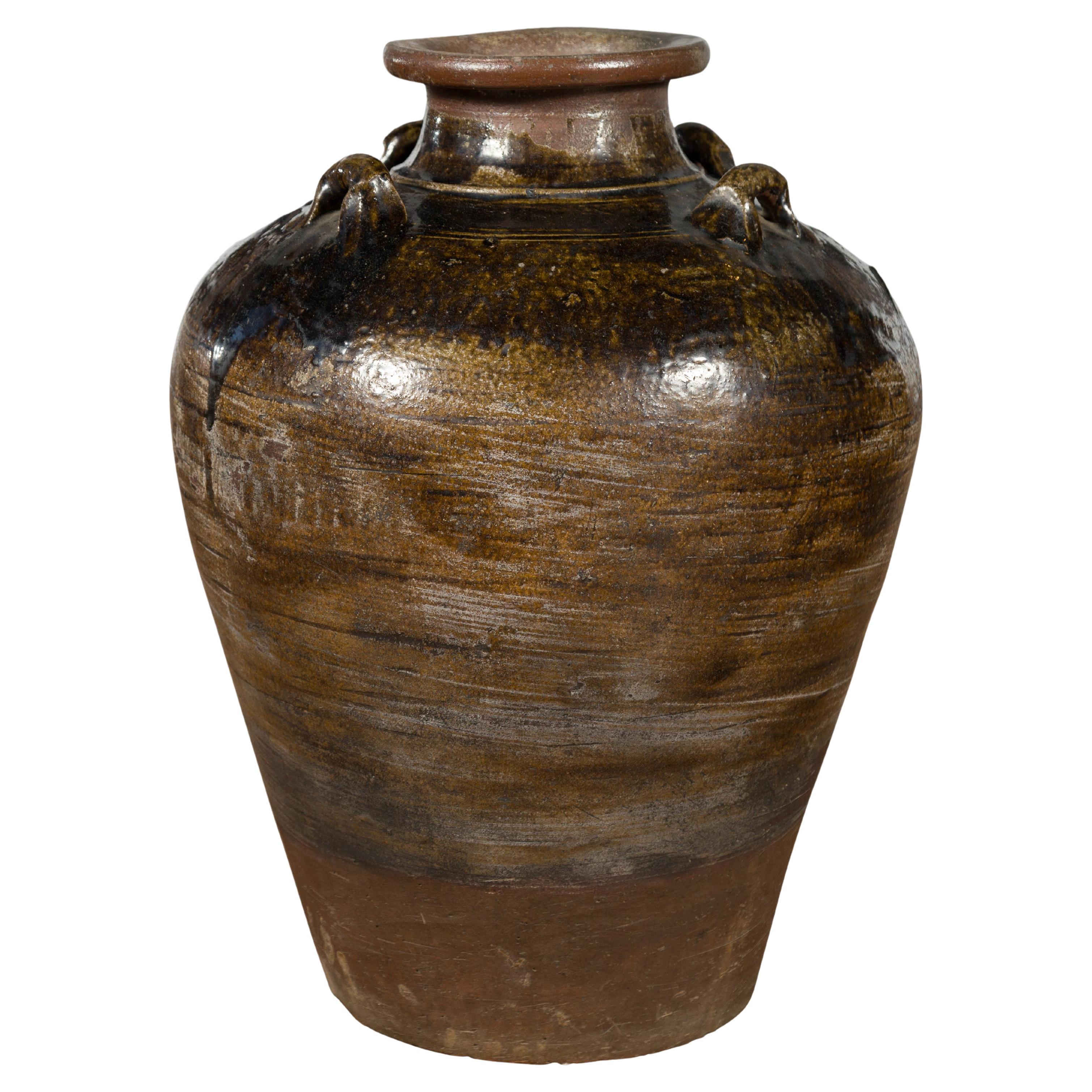 Antique Thai 19th Century Brown Glazed Water Jar with Petite Loop Handles For Sale
