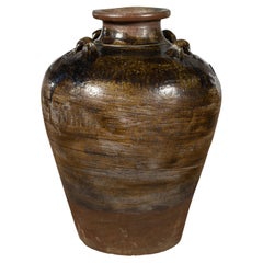 Antique Thai 19th Century Brown Glazed Water Jar with Petite Loop Handles