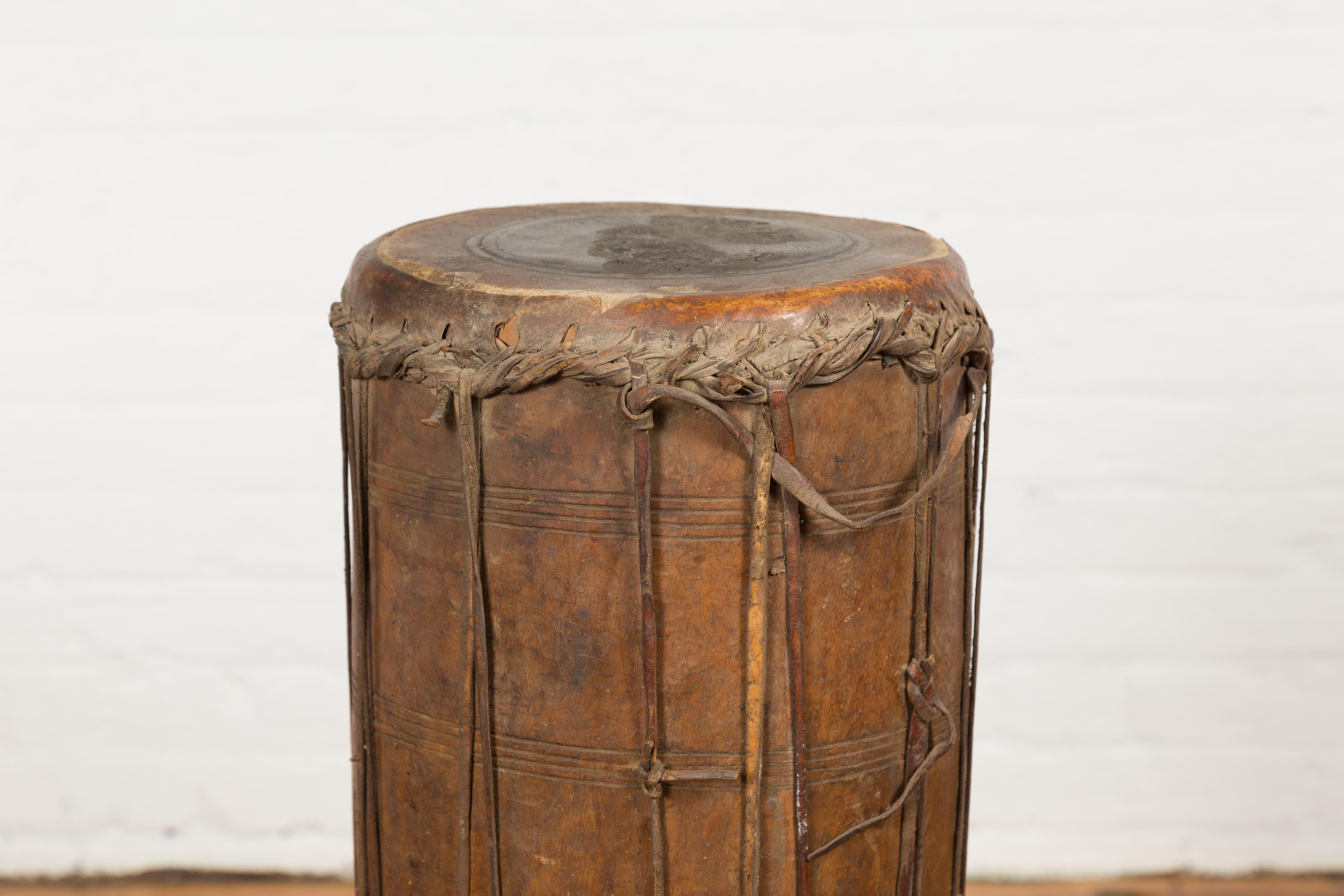 Antique Thai 19th Century Wood and Leather Klong Khaek Processional Drum In Good Condition For Sale In Yonkers, NY