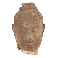 Antique Thai Ayutthaya Style Sandstone Head of Buddha on Stand
