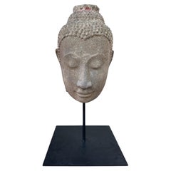 Antique Thai Ayutthaya Style Sandstone Head of Buddha on Stand