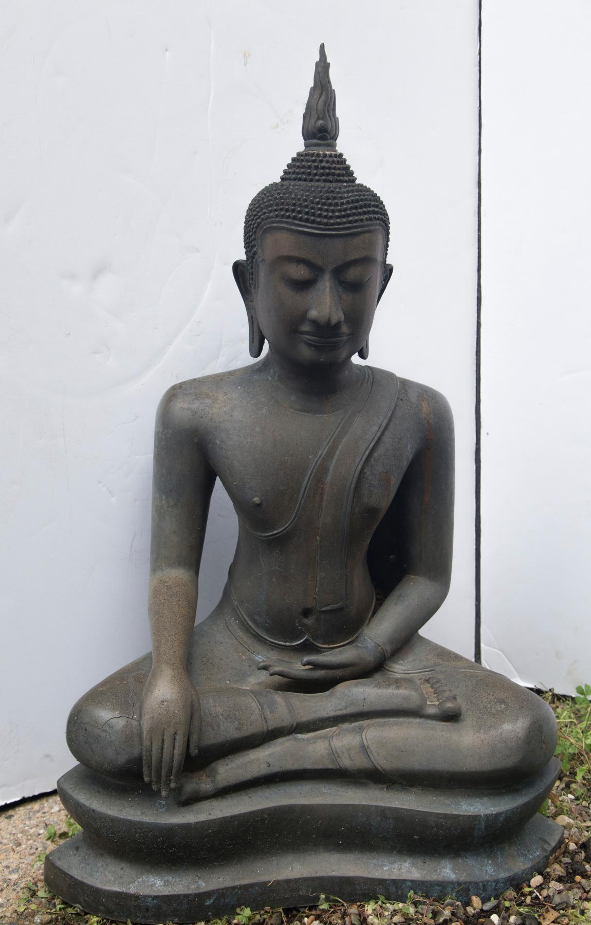 Dark patinated bronze Buddha statue Chiang Saen Buddhism.