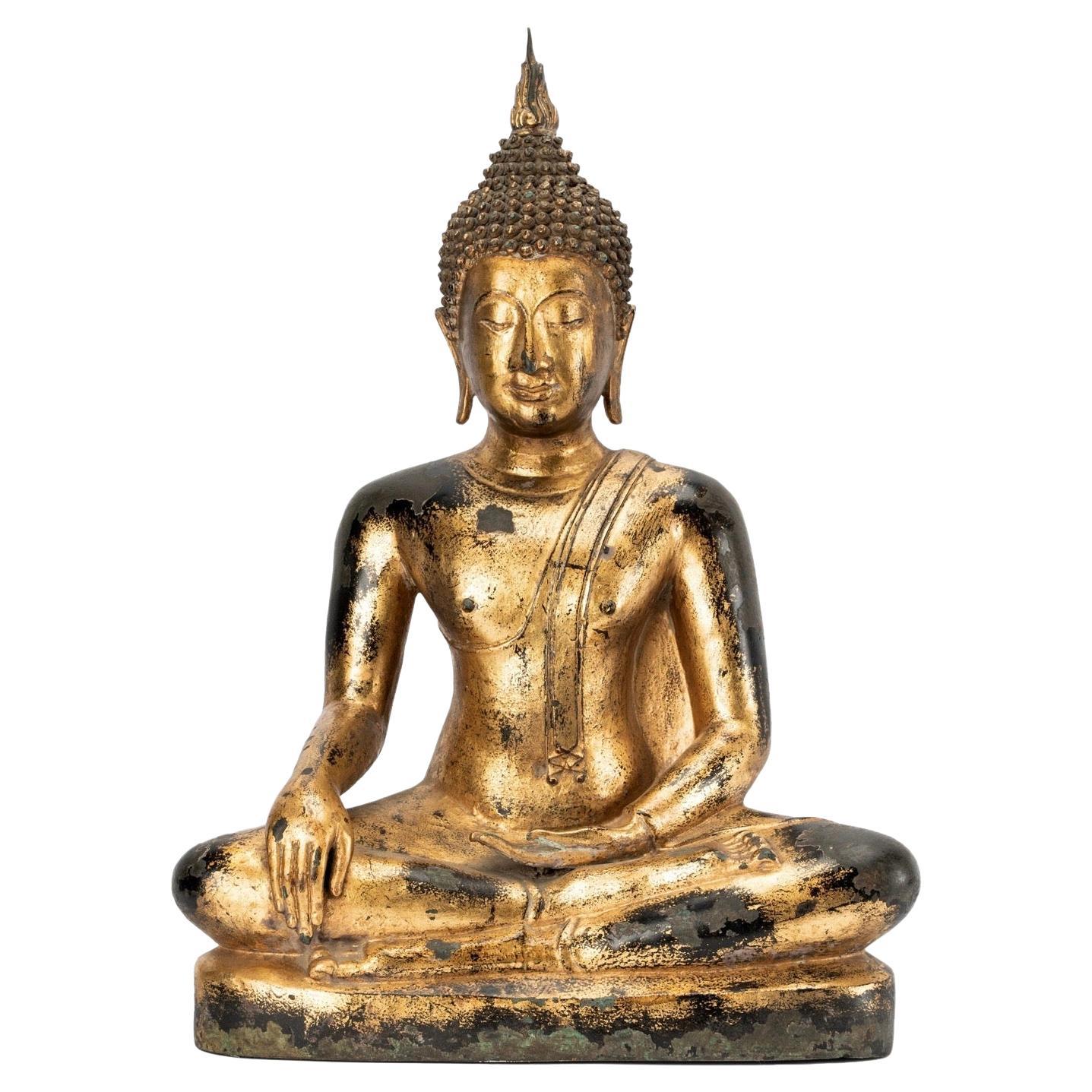 Bouddha assis en bronze thaïlandais ancien de style Sukhothai, 19e siècle