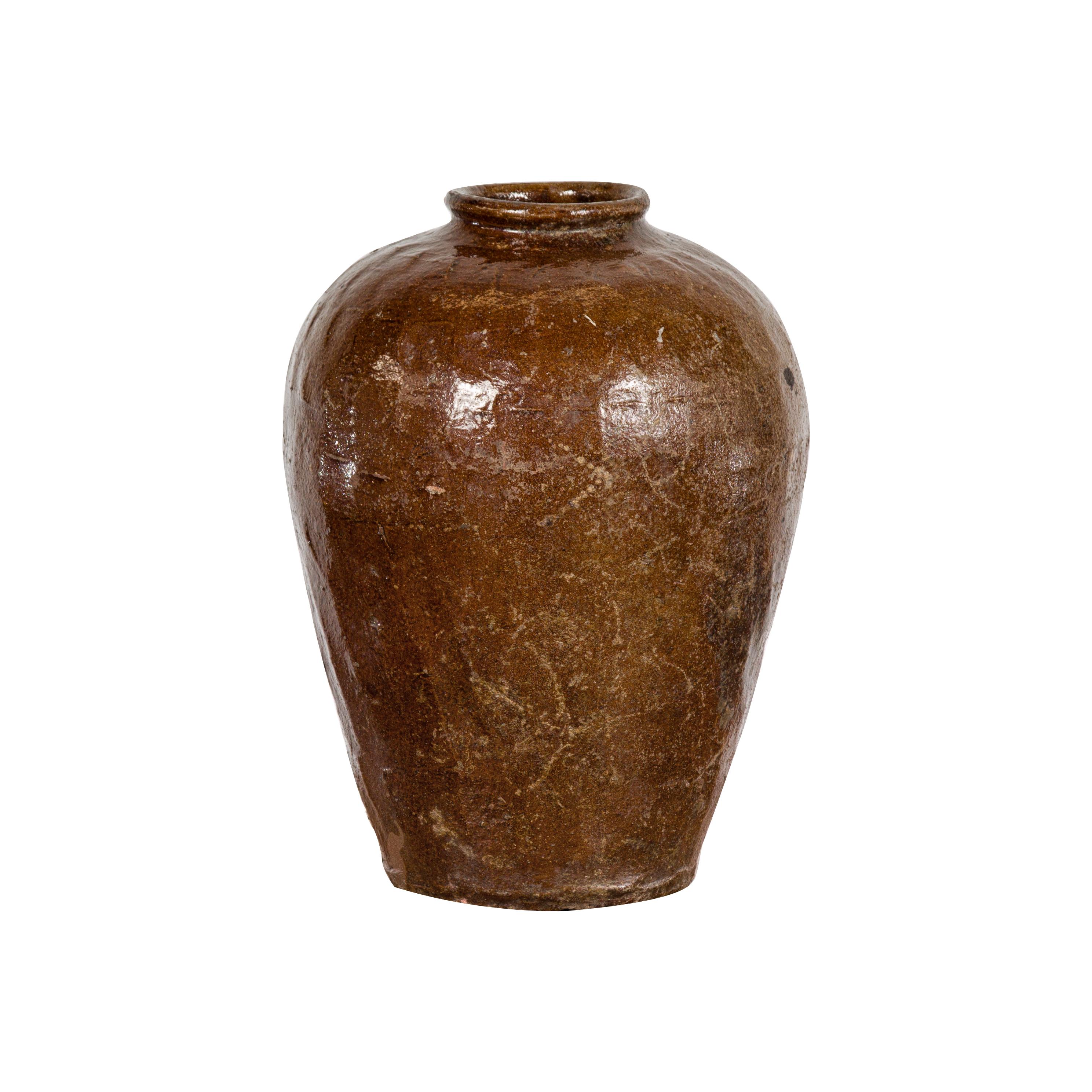 Antique Thai Brown Glazed Pottery Water Jar with Subtle Patterns 10