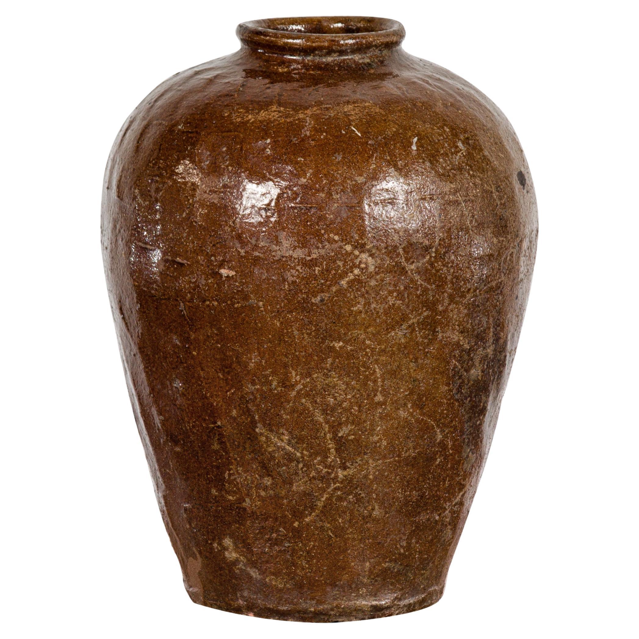 Antique Thai Brown Glazed Pottery Water Jar with Subtle Patterns