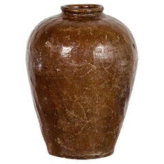 Jarre à eau ancienne en poterie thaïlandaise émaillée Brown avec motifs subtils