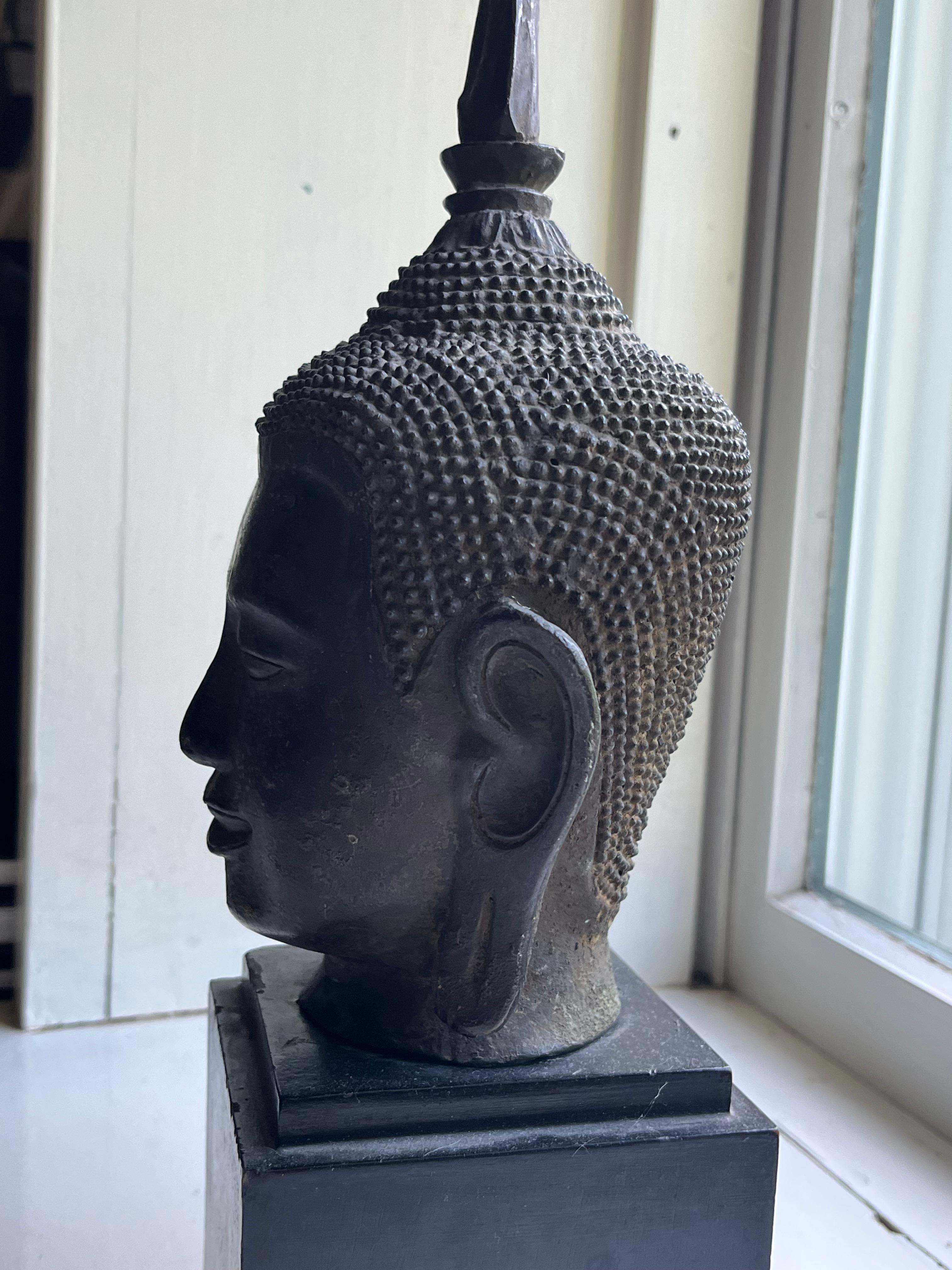 Cast Antique Thai Buddha Head in Bronze For Sale