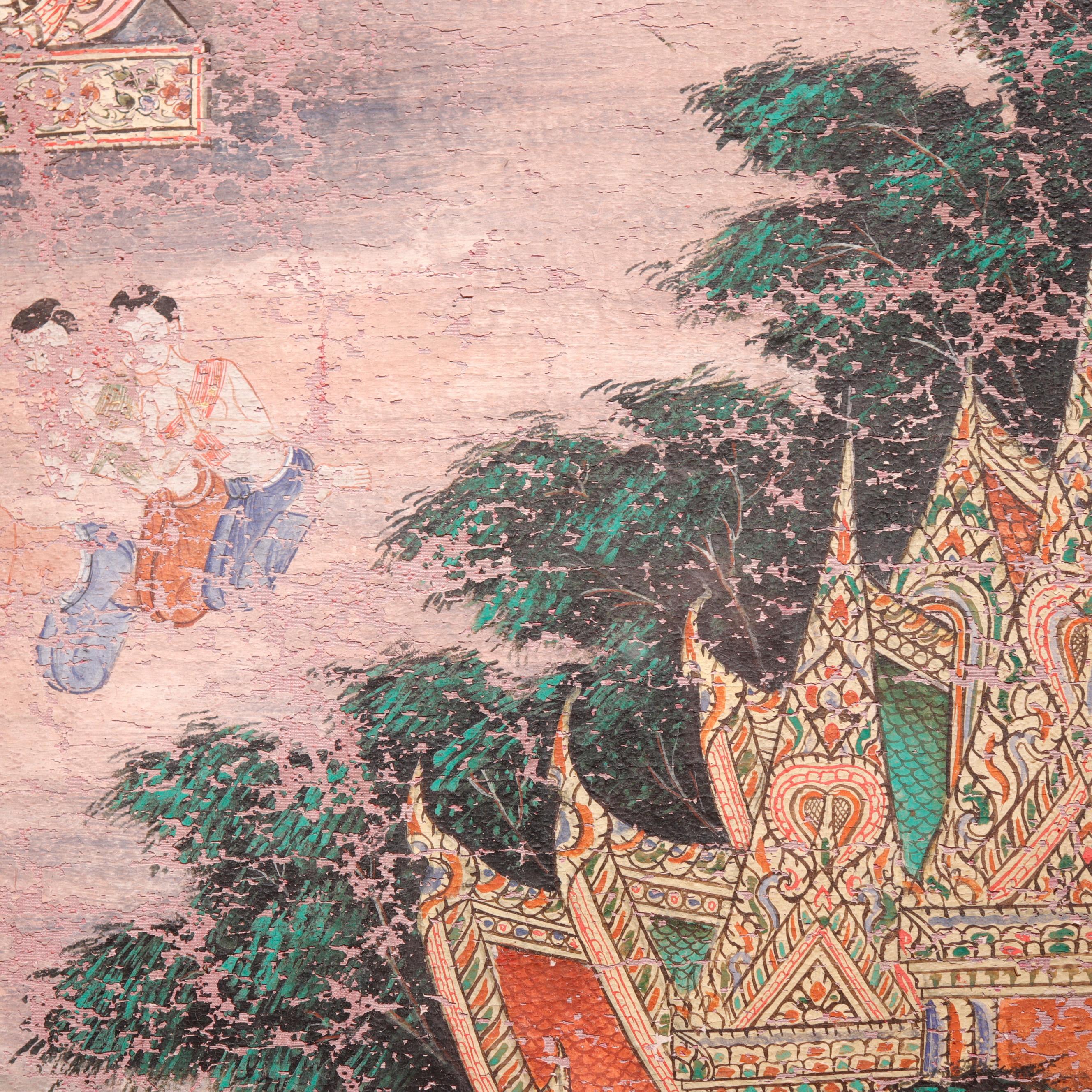 Antique Thai Buddhist Banner Painting, Buddha Descending from Tavatimsa Heaven For Sale 2