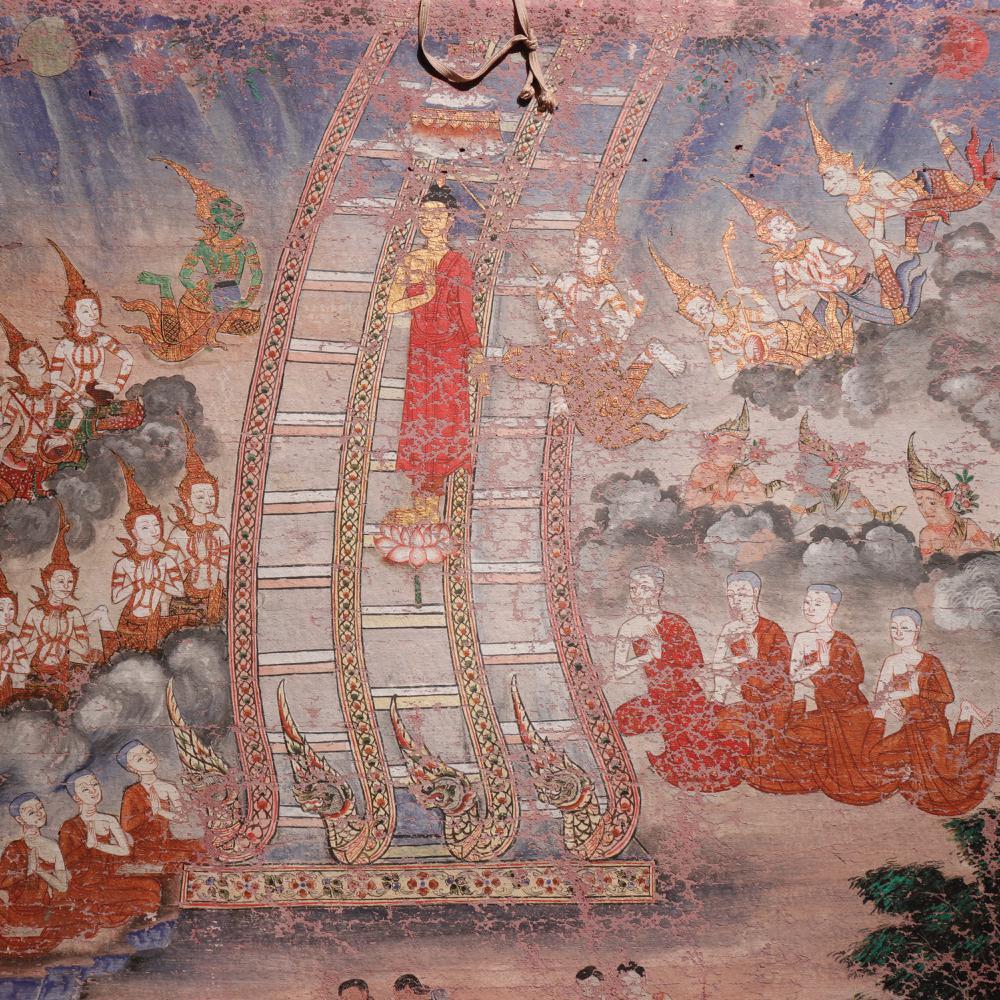 Antique Thai Buddhist Banner Painting, Buddha Descending from Tavatimsa Heaven For Sale 3