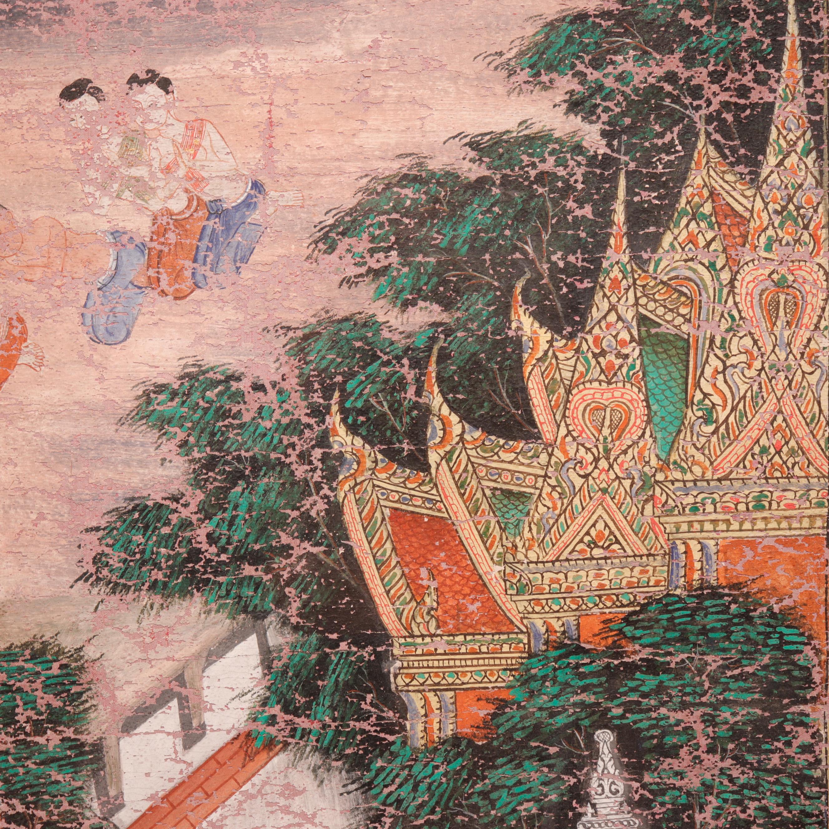 Antique Thai Buddhist banner painting, multicolored tempera and gold leaf on cloth, depicting Buddha Descending From Tavatimsa Heaven. An illustration of one of the eight great events of the historical Buddha’s life, his descent from the heaven of