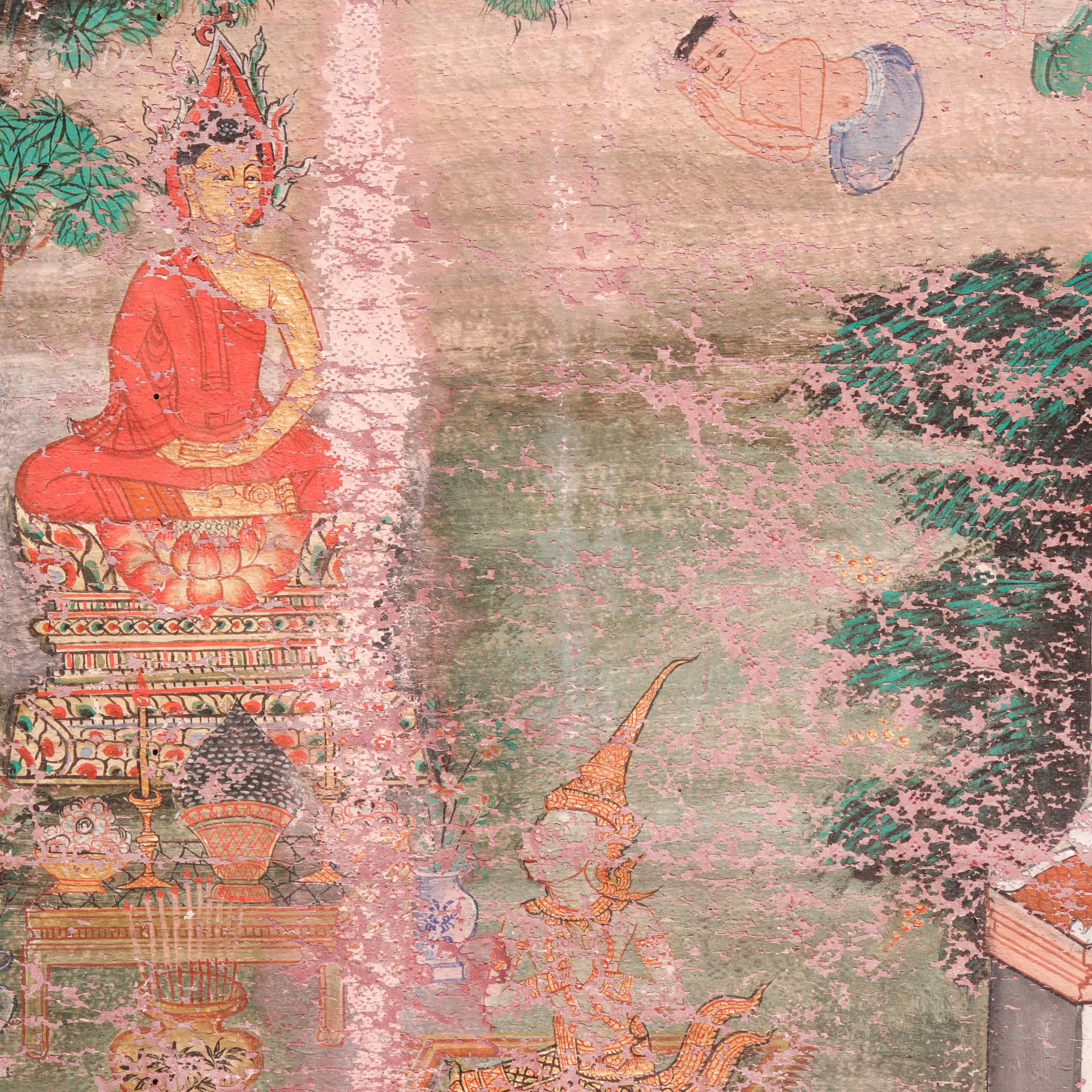 Other Antique Thai Buddhist Banner Painting, Buddha Descending from Tavatimsa Heaven For Sale