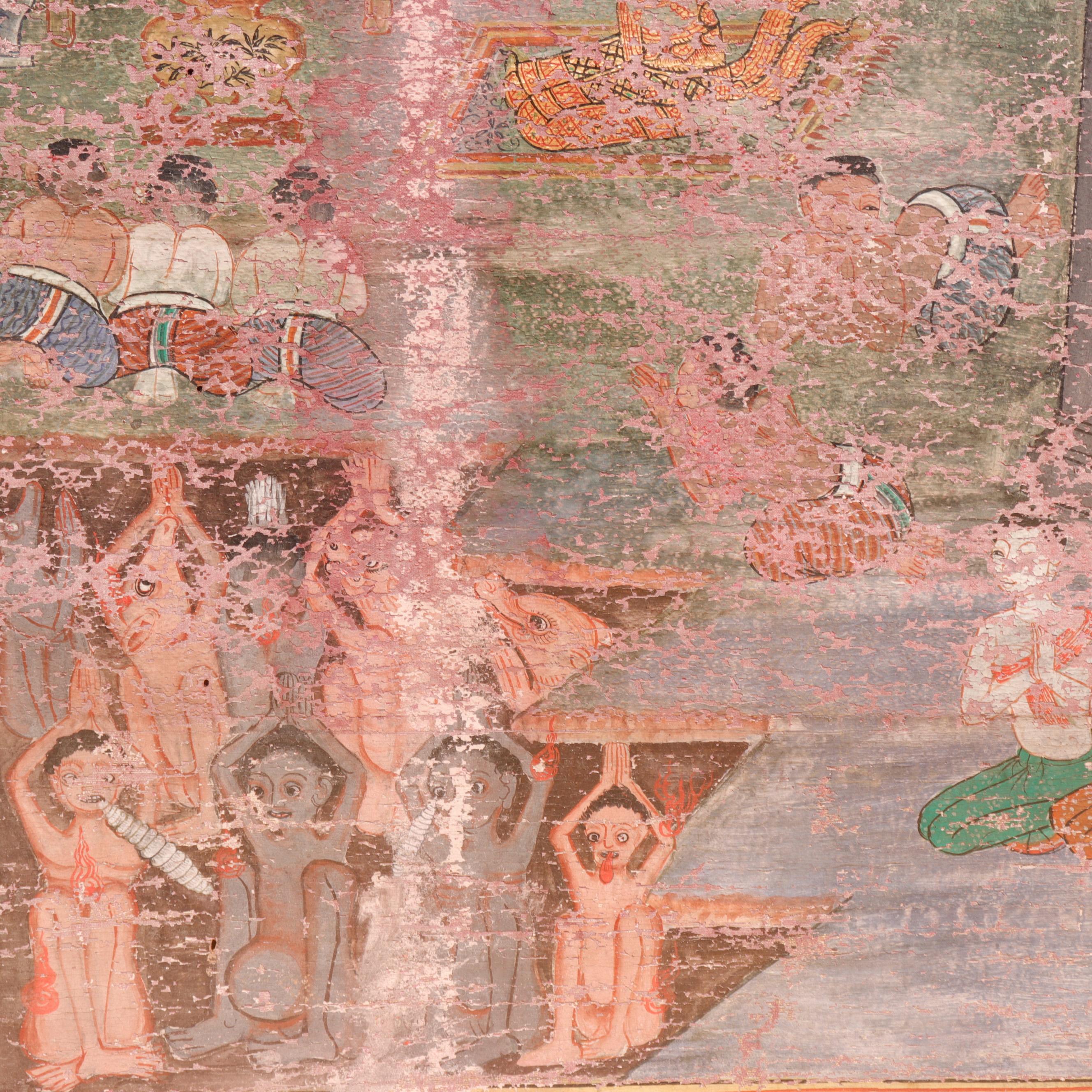 Hand-Painted Antique Thai Buddhist Banner Painting, Buddha Descending from Tavatimsa Heaven For Sale