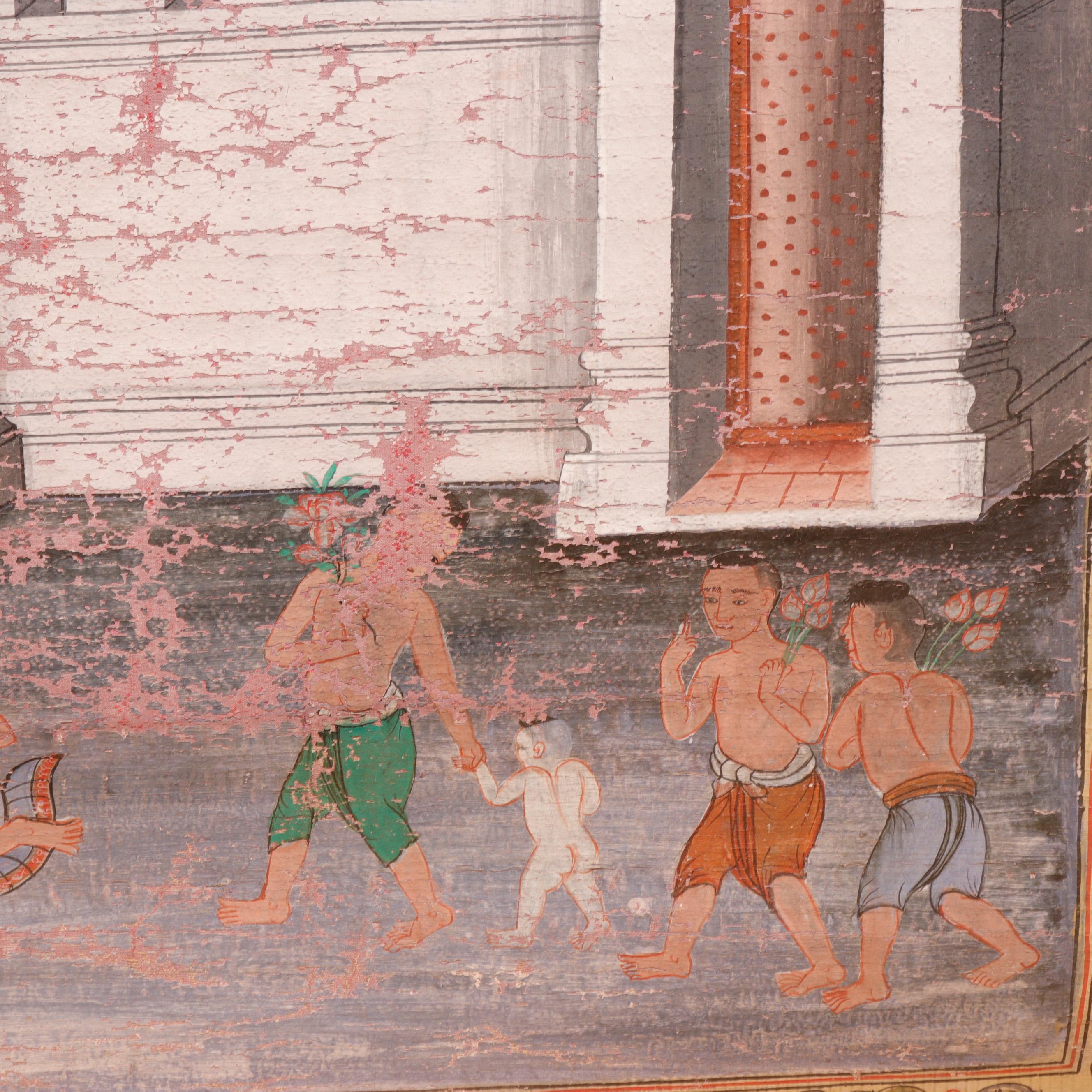 Antique Thai Buddhist Banner Painting, Buddha Descending from Tavatimsa Heaven In Fair Condition For Sale In New York, NY