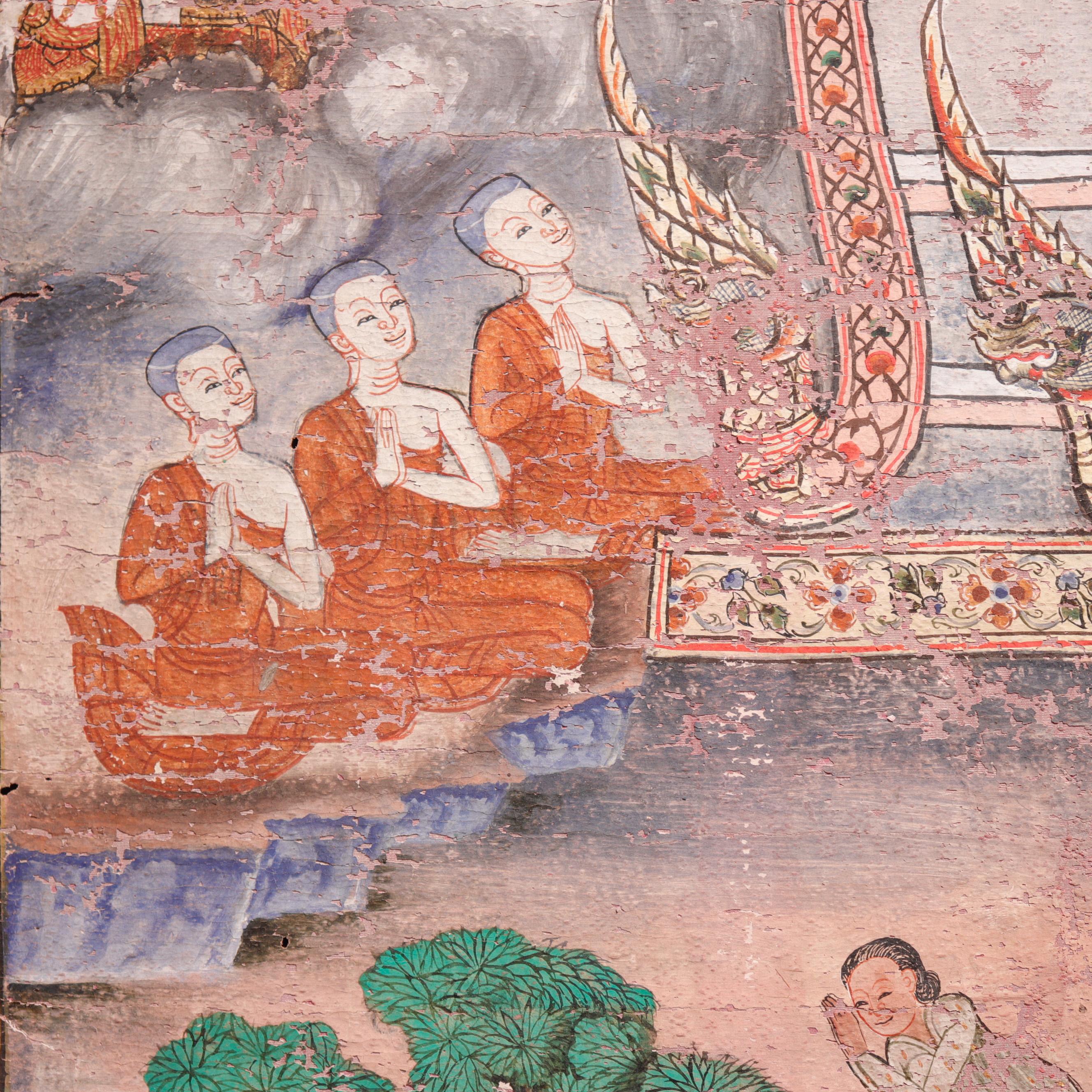 19th Century Antique Thai Buddhist Banner Painting, Buddha Descending from Tavatimsa Heaven For Sale