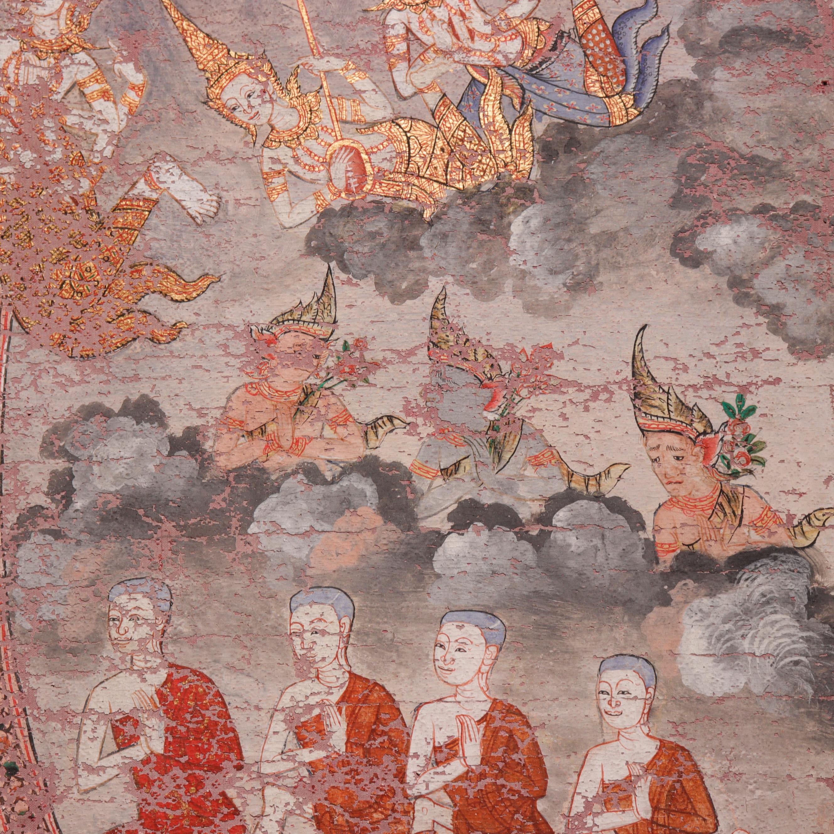 Antique Thai Buddhist Banner Painting, Buddha Descending from Tavatimsa Heaven For Sale 1