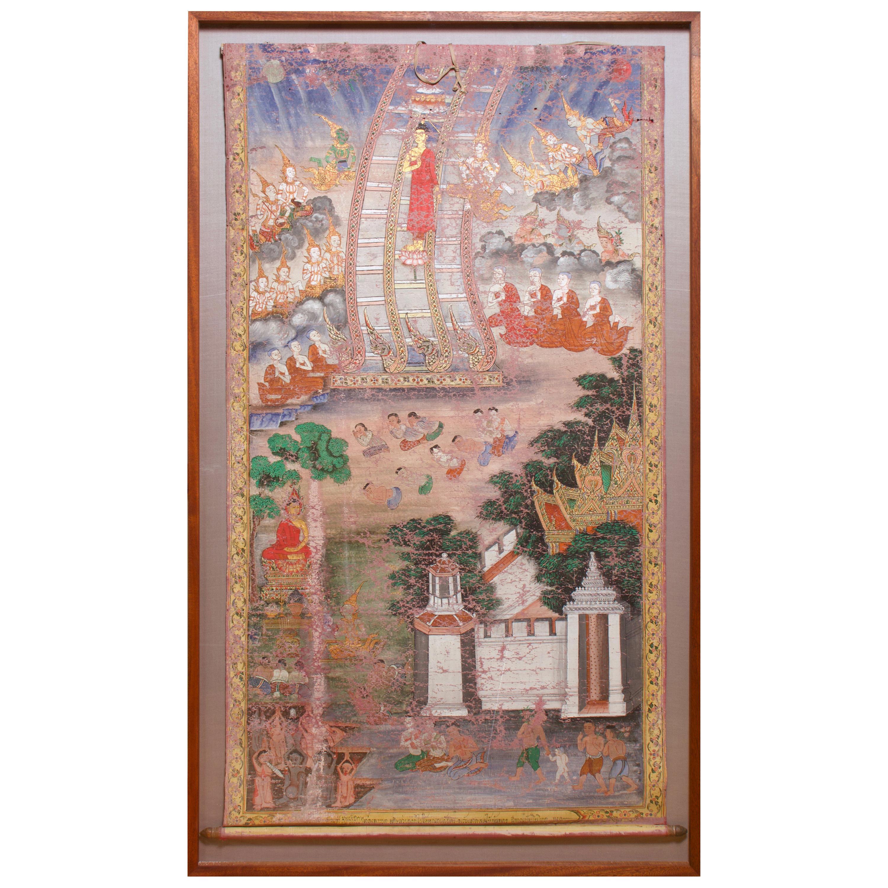 Antique Thai Buddhist Banner Painting, Buddha Descending from Tavatimsa Heaven For Sale