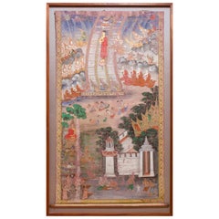 Antique Thai Buddhist Banner Painting, Buddha Descending from Tavatimsa Heaven