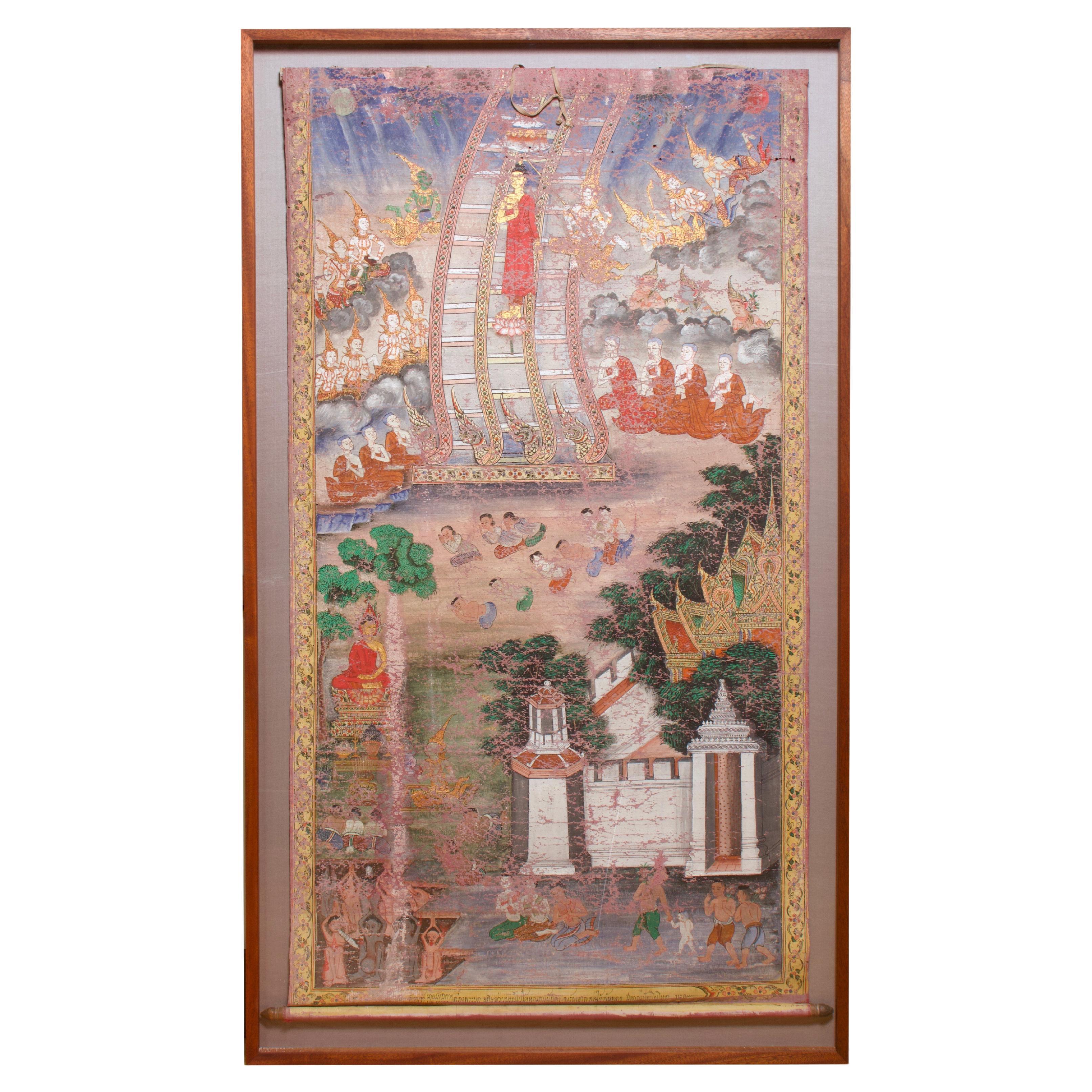 Antique Thai Buddhist Banner Painting For Sale